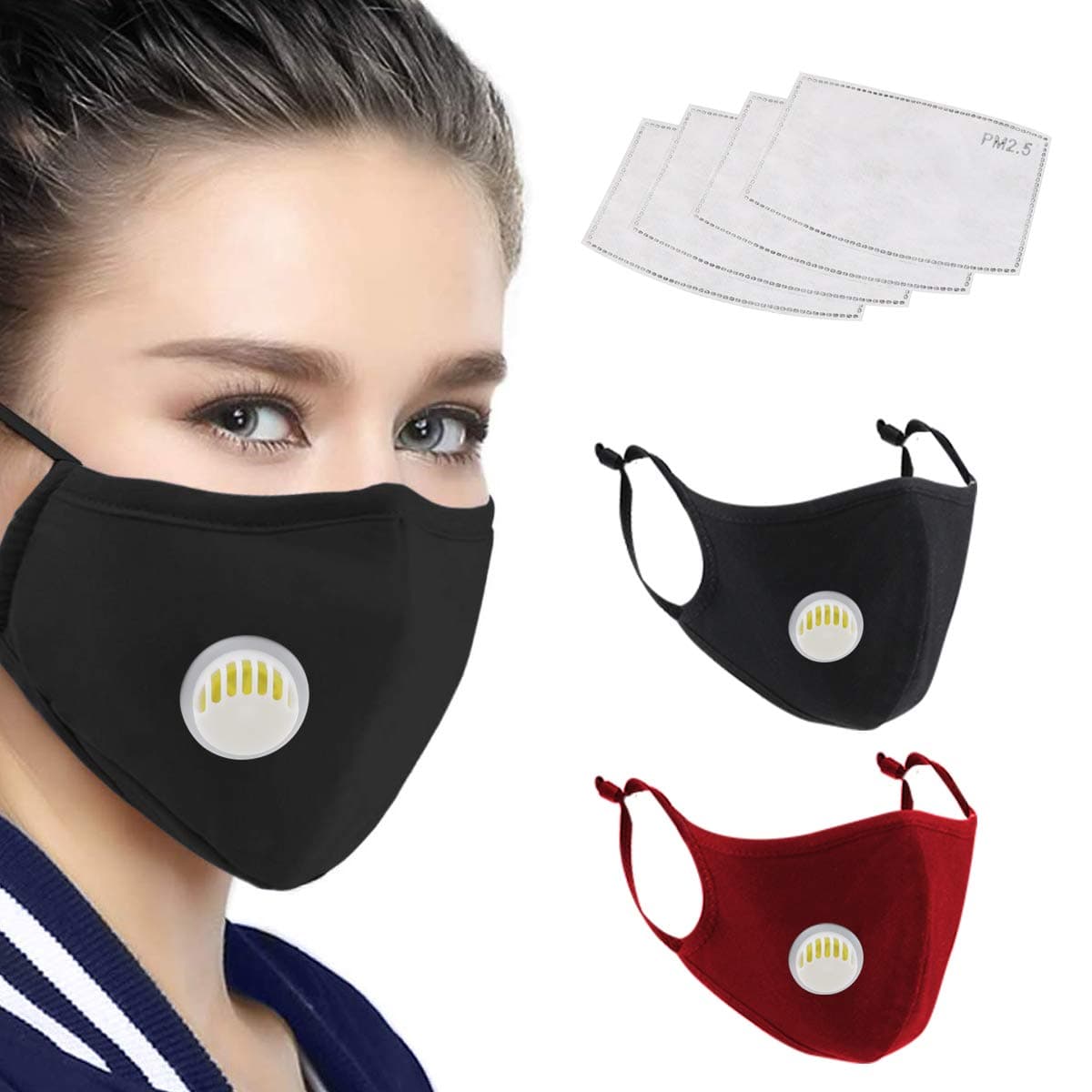 LiteBee Unisex Cotton Mask with Breath Valves, 2pcs Washable Reusable Cloth Mask Face Mask, 4pcs Activated Carbon Pm 2.5 Tablets for Outdoor Activities