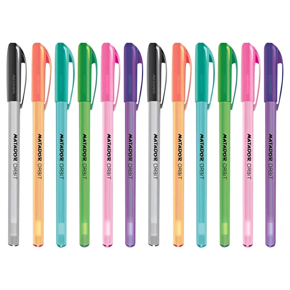 Orbit Fine Point Roll Gel Pens 0.5mm Ballpoint Medium Fineliner Tip - All Black Ink 12 pack - Comfortable Grip Fun Colourful Designs - Writing Drawing School Office Diary (Black)