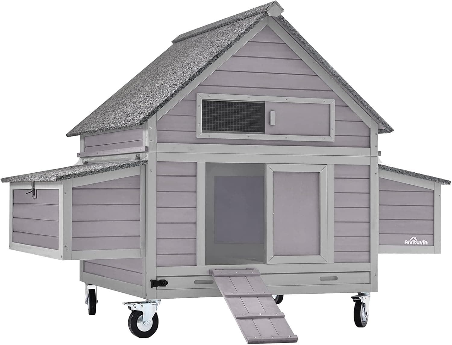 Aivituvin Portable Chicken Coops Poultry Cage with Wheels, Outdoor Hen House with Nesting Box, Outdoor Duck House Weatherproof Mobile Chicken House with Wheels (Grey, Extra Large)