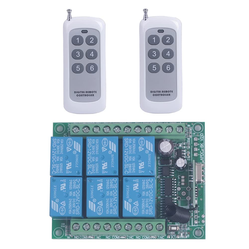 433mhz 12V 24V DC 6 Channel Wireless Remote Control Relay Switch 24V/12V Remote Relay ON Off Transmitter and Receiver Universal Motor Light Door Window Controller (12V-24V 2X Control 433MHz)