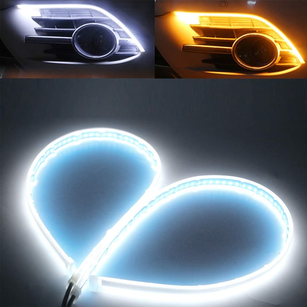 Qasim QasimLed 2-Pack 60cm White&Yellow Cars DRL LED Daytime Running Lights Auto Flowing Turn Signal Guide Strip Headlight Assembly Waterproof