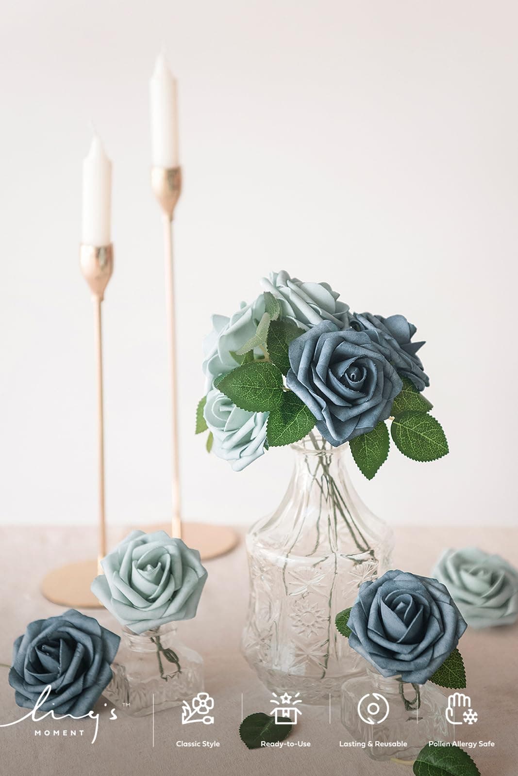Ling's moment Artificial Flowers 25Pcs Dusty Blue & Navy Roses Decor w/Stems,3" Real Touch DIY Foam Floral for Wedding Bouquet/Centerpieces, Outdoors Party Backdrop, Room/Table, and Garden/Pot Decor