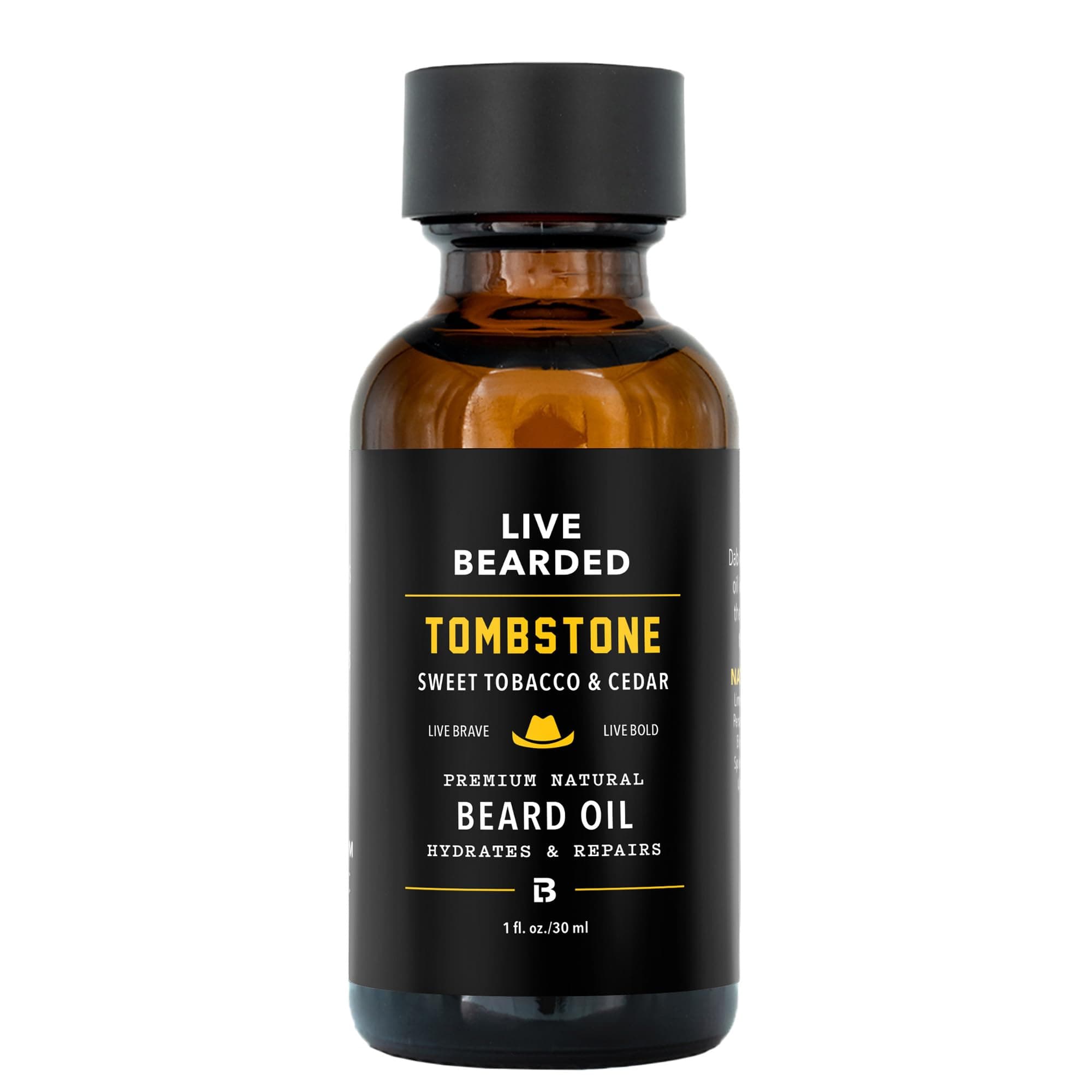 Live Bearded Beard Oil, 1 fl oz - Premium All-Natural Jojoba - Made in the USA - Hair and Skin Care for Men with Dry, Flaky Patches | Tombstone Scent - Sweet Tobacco, Cedar