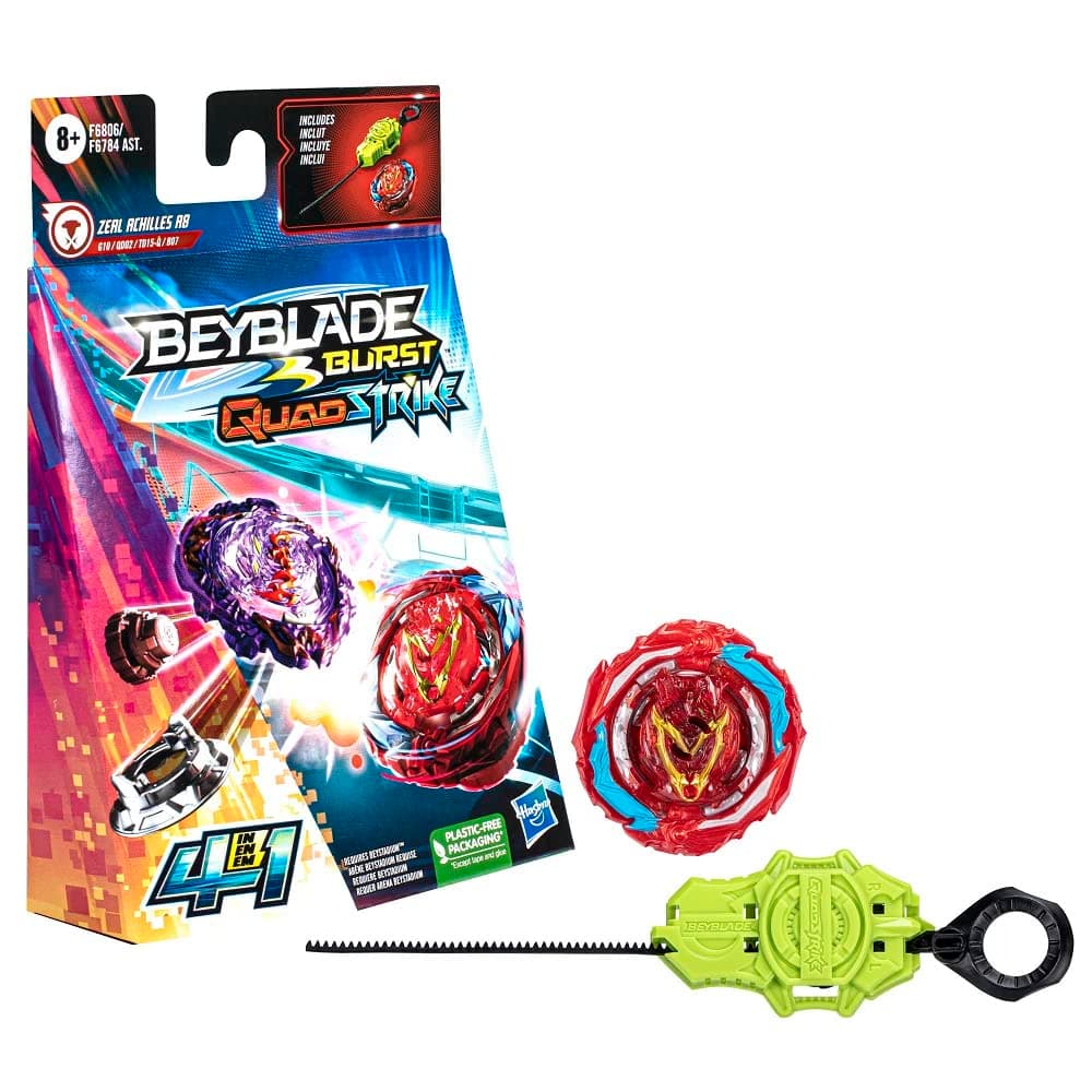 Beyblade Burst QuadStrike Zeal Achilles A8 Spinning Top Starter Pack, Balance/Defense Type Battling Game with Launcher, Kids Toy Set