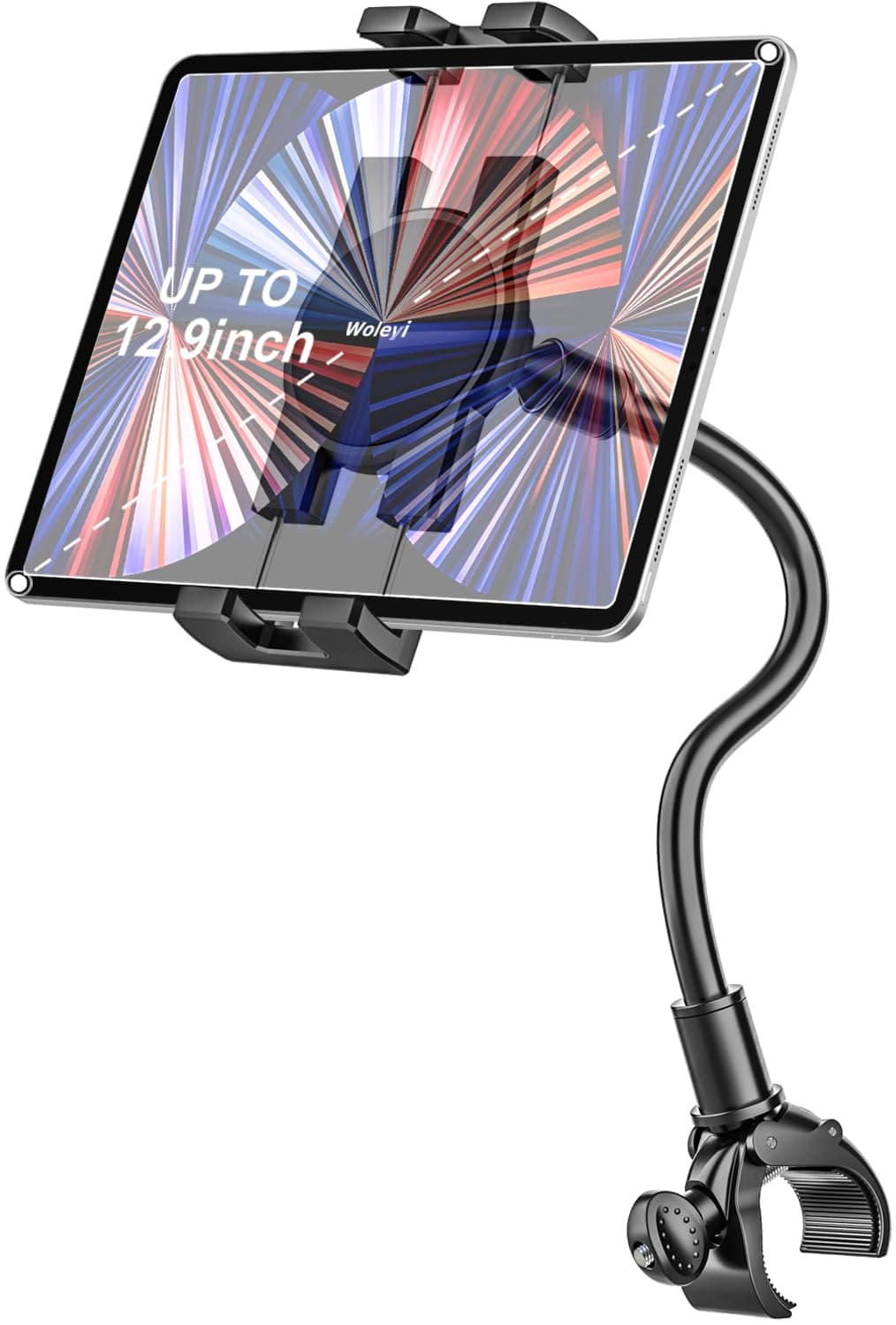 woleyi Gooseneck Tablet Holder for Spin Bike, Peloton Tablet Mount Exercise Bike Handlebar Stand for Stationary Bicycle, Treadmill, Stroller, Elliptical for iPad Pro Air Mini, Galaxy, 4.7-13" Devices