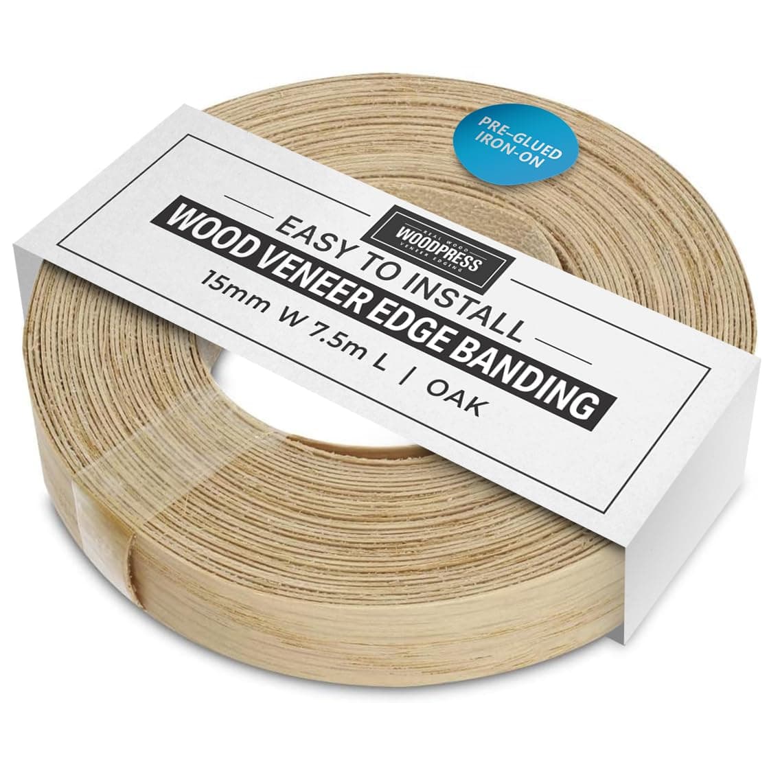 WoodPress® Real Oak Veneer Edging Tape – 15mm x 7.5m | Pre-Glued Iron on Edge Banding w/Hot Melt Adhesive