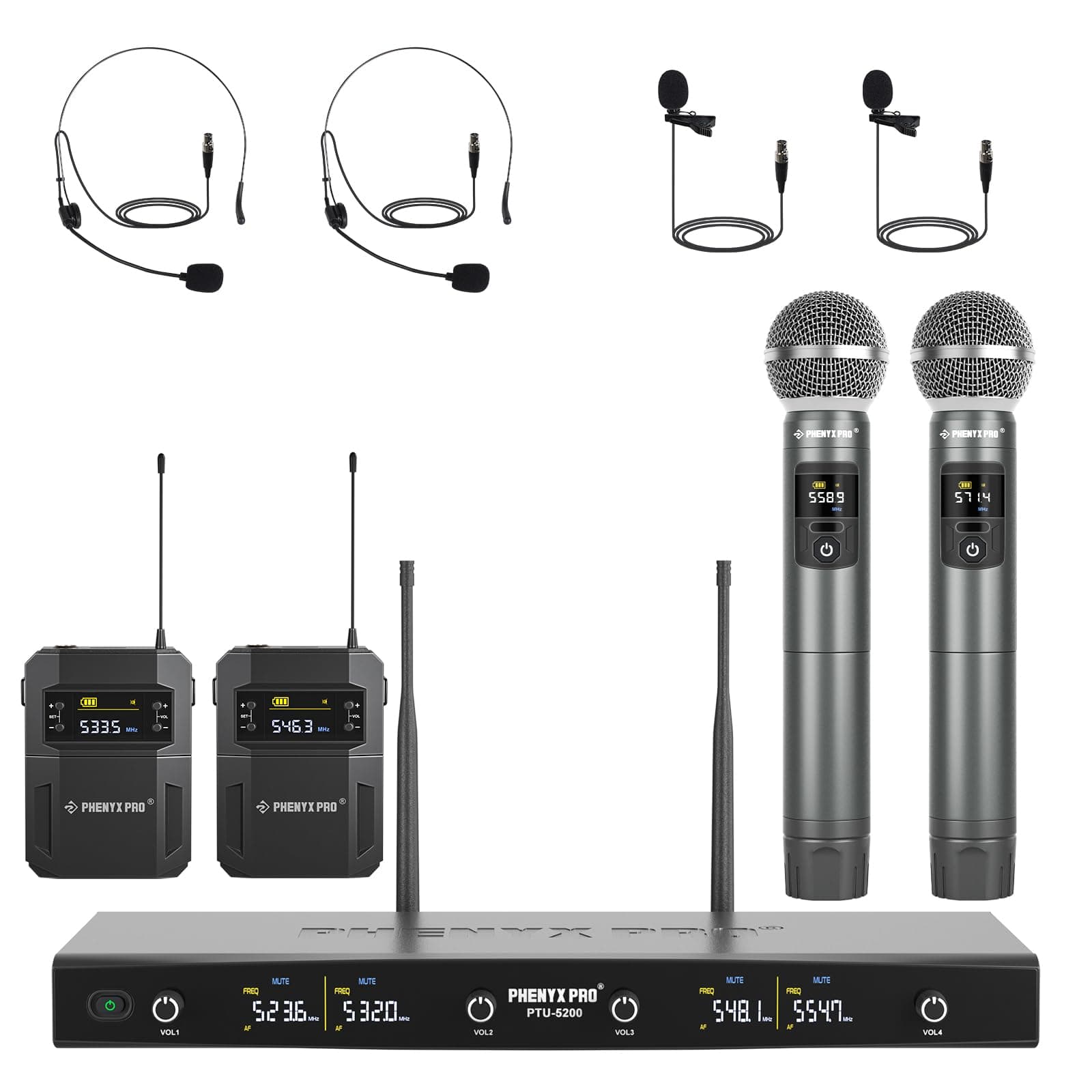 Wireless Microphone System, 4-Channel Wireless Mic Set with Handheld/Bodypack/Headset/Lapel Mics, Cordless Microphone for Singing, Karaoke, Church (PTU-5200-2H2B)