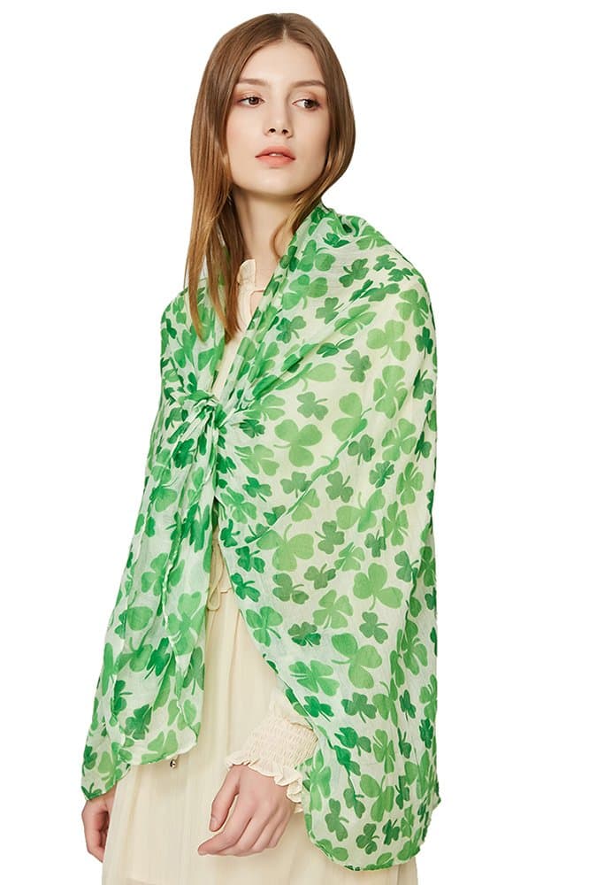 SEW ELEGANT NEW St Patrick Day Four Leaf Clover Shamrock Print Soft Lightweight Scarf Green
