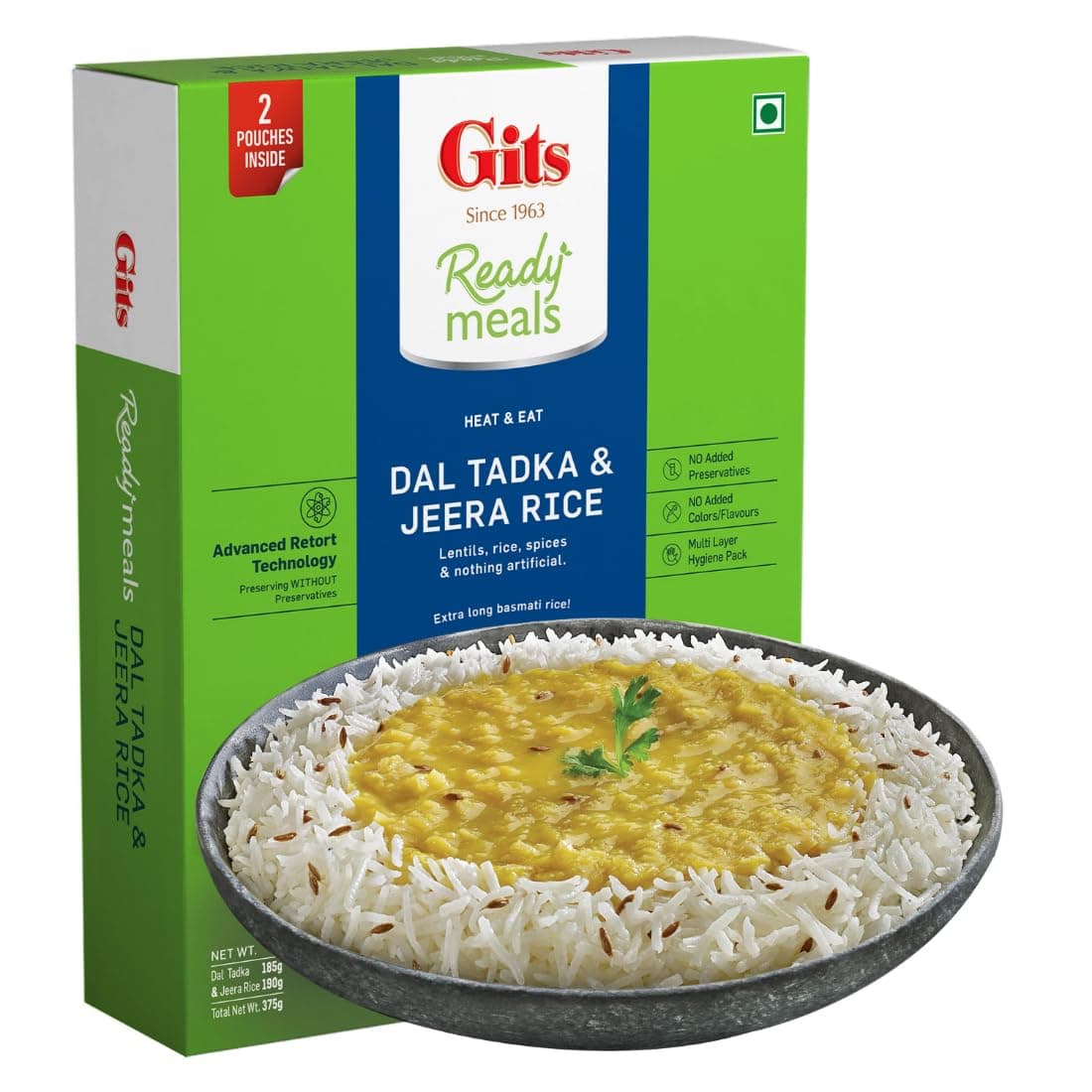 Gits Ready to Eat Jeera Rice & Dal Tadka Combo Meal, Pure Veg, Heat and Eat, 375g