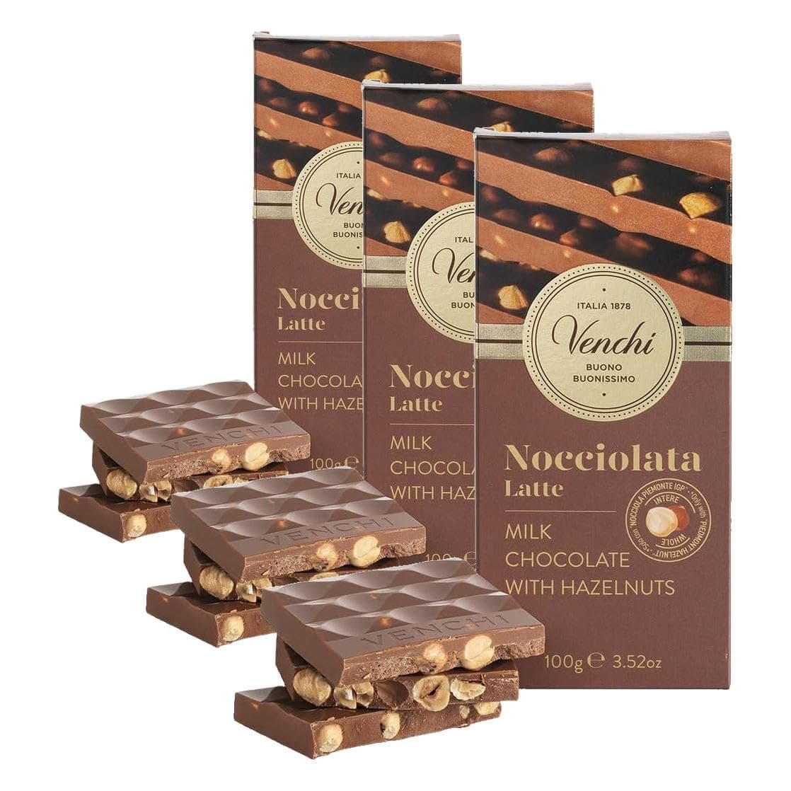 Venchi Nocciolata Milk Chocolate Hazelnut Bar 3.52oz (Pack of 3)