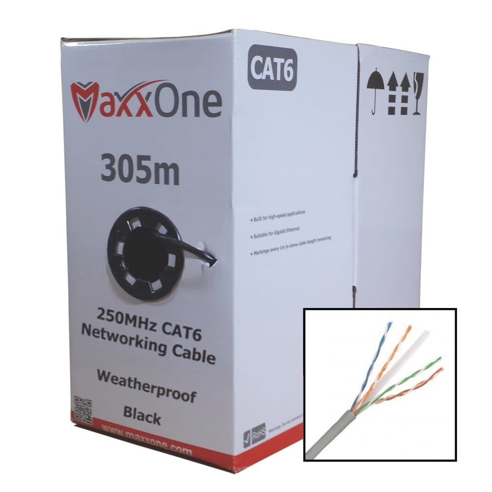 MaxxOne CAT6 305metres 1000foot RJ45 CCA Internet Outdoor / Indoor Networking Cable Reel Drum Black