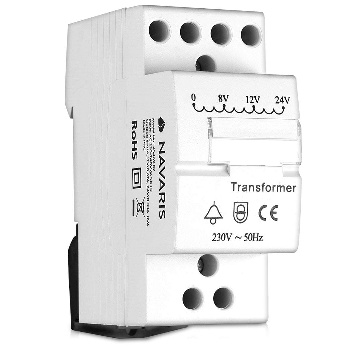 Navaris Door Bell Transformer 8V 12V 24V - For Wired Doorbell Chimes - DIN Rail Mountable 8VA 230V Mains Converter 8/12/24 Volts Output - White