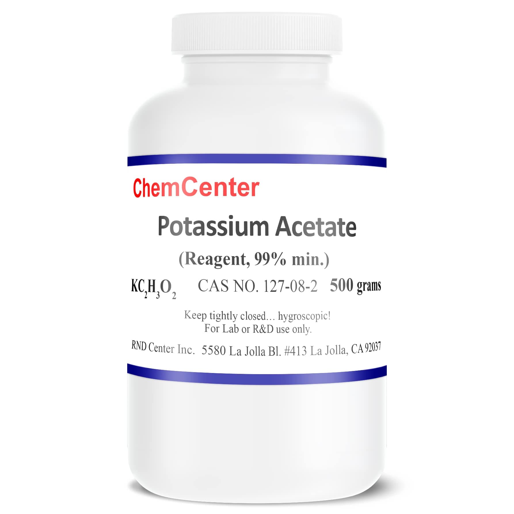 Potassium Acetate, Reagent, 99% min., 500 Grams