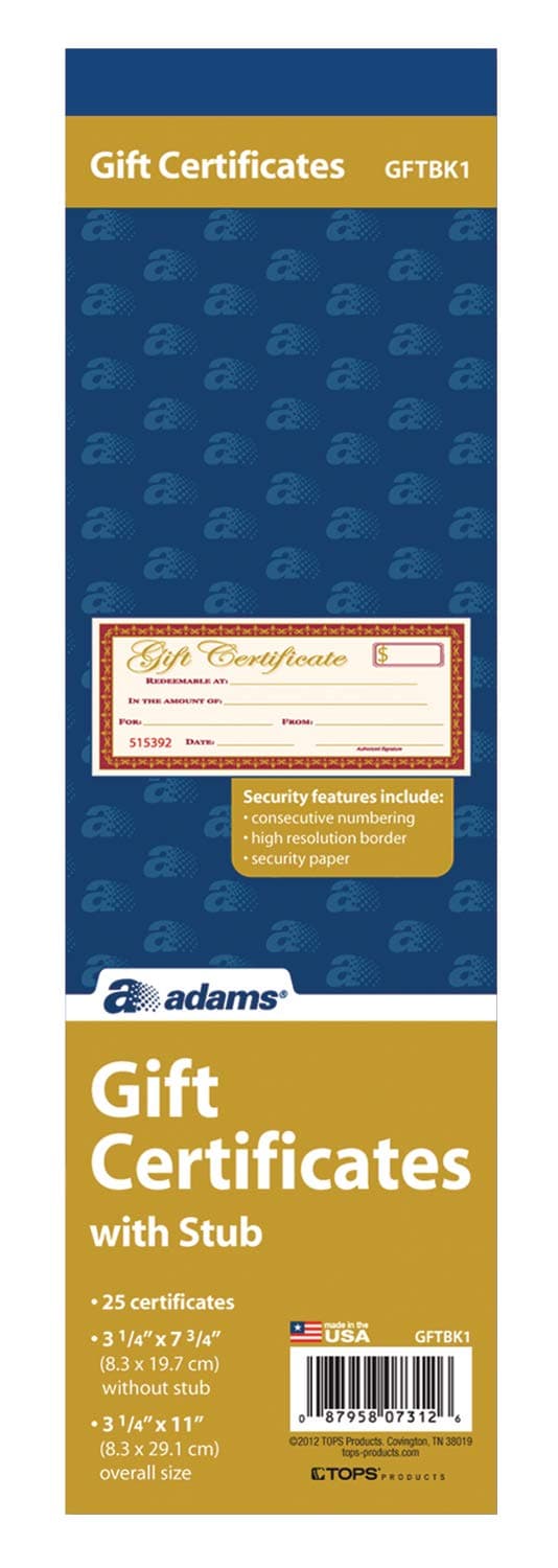 Adams 1-Part Gift Certificates with Stub, 3-1/4" x 11", 25 Certificates/BK (GFTBK1)