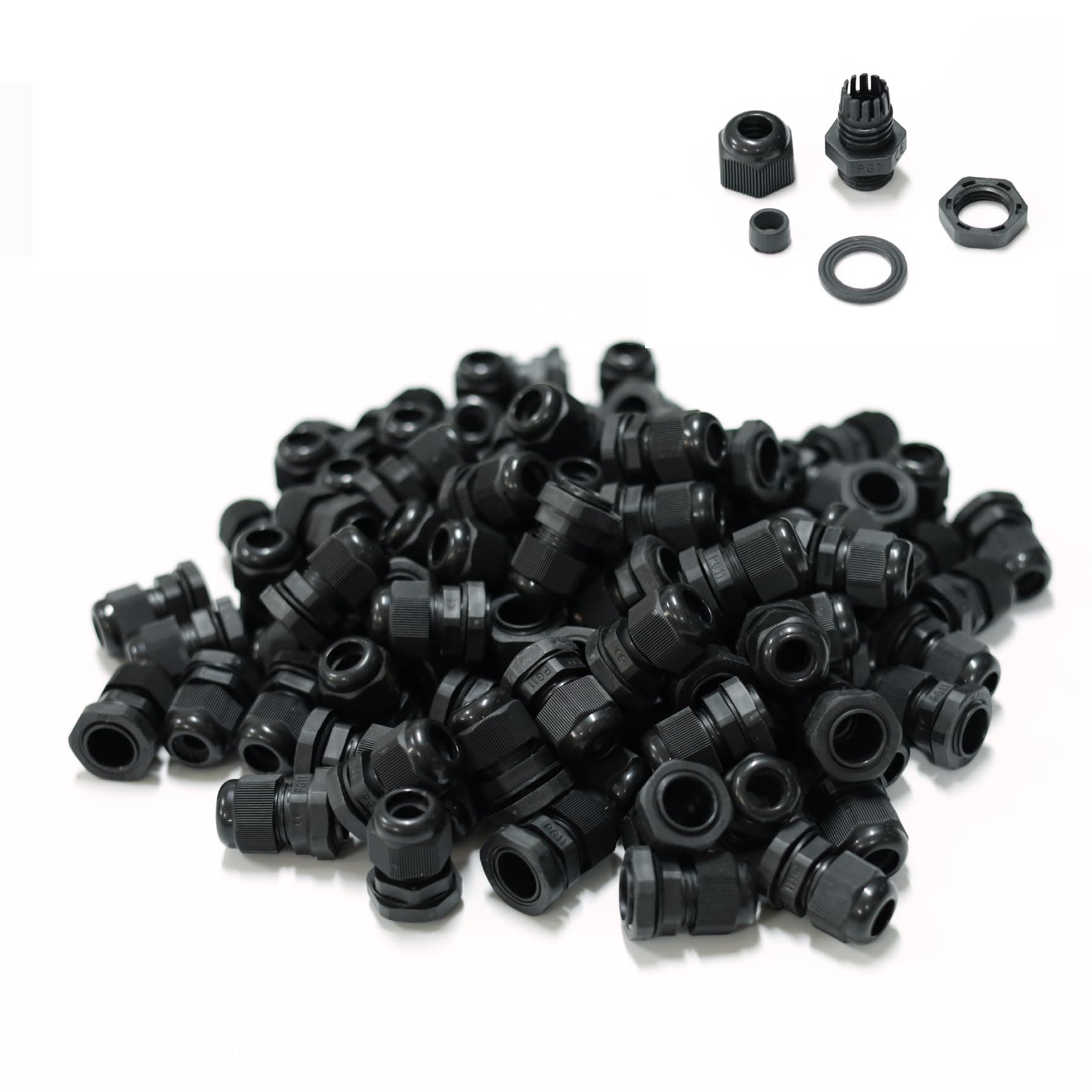 100 pcs Waterproof PG7 Cable Gland Connector Black Plastic Adjustable IP68 M12 Thread Cable Gland with Locknut Rubber Ring for 3.5-6mm Wire