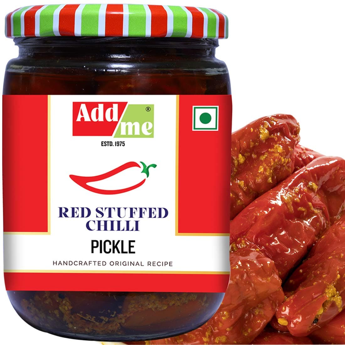 Add Me Red Stuffed Chilli Pickle 500gm Home Made lal mirch mirchi ka Bharwa Indian achar Pickles in Mustard Oil Glass Pack