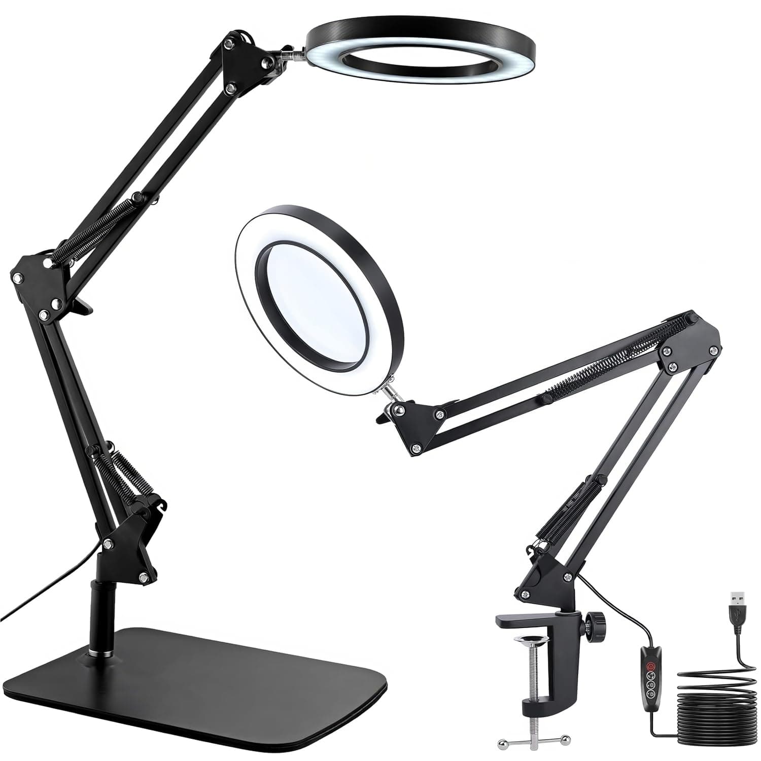 15X Magnifying Glass with Light, Table Lamp with Stand and Clamp, 2-IN-1 LED Desk Lamp with Magnifier, 3 Color Modes, 72 LEDs, Real Glass Lens for Close Works, Craft, Hobby, Painting, Reading, Repair