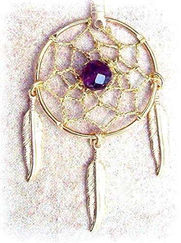Gold Dream catcher necklace with faceted amethyst and three feathers PURPLE DREAMS ll< Native American made