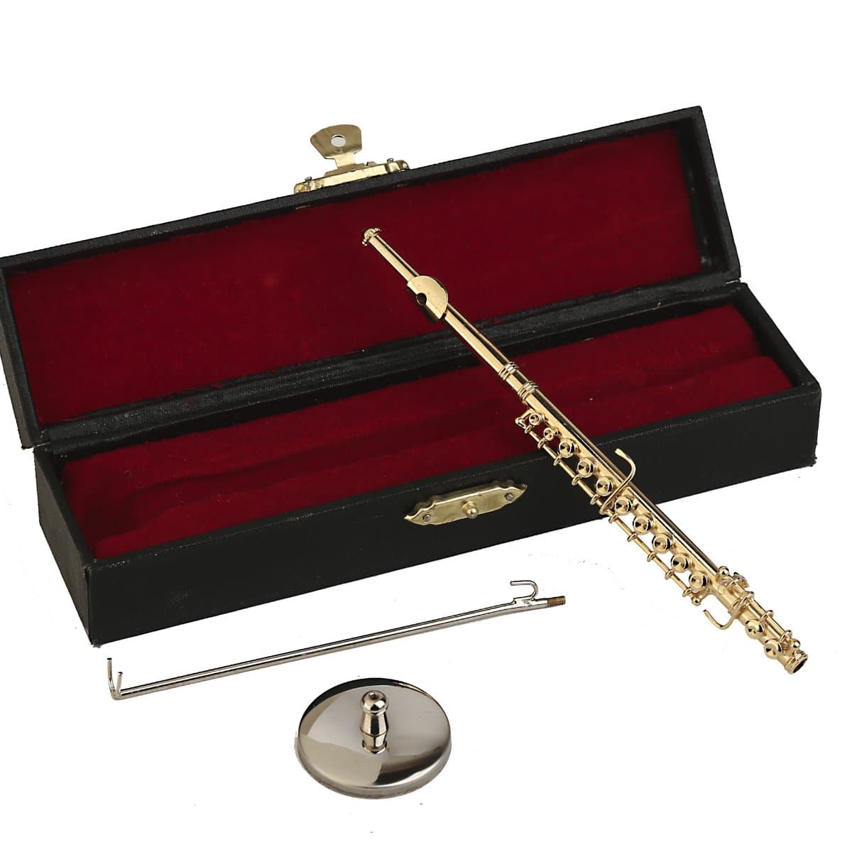 Miniature Flute with Stand and Case Mini Musical Instrument Replica Collectible Dollhouse Accessories Model Home Decoration (Gold, 5.39")