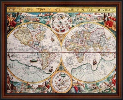 EuroGraphics Map of The World Orbis Terrarum, 1594 by Petrus Plancius Framed Print Poster Custom Made Real Wood Dark Walnut with Black Trim Frame (22 1/4 x 18 1/4")