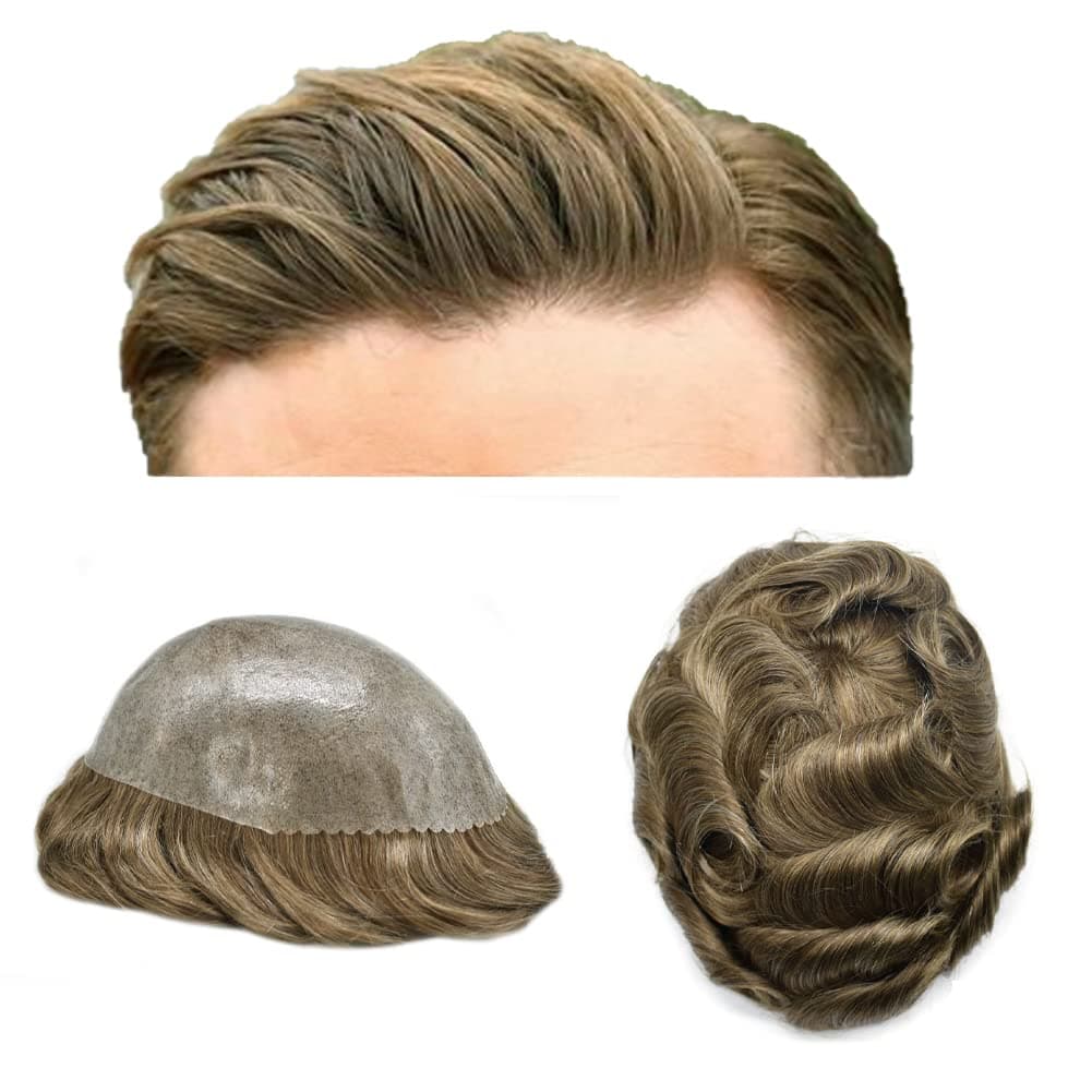 Mens Toupee Wig - Full Injected PU Durable Skin - Poly Skin Soft Human Hair Piece - Black, Brown, Blonde, Grey (8"x10", #740 Very Light Brown+40%Gray-110% Light to Medium Density)