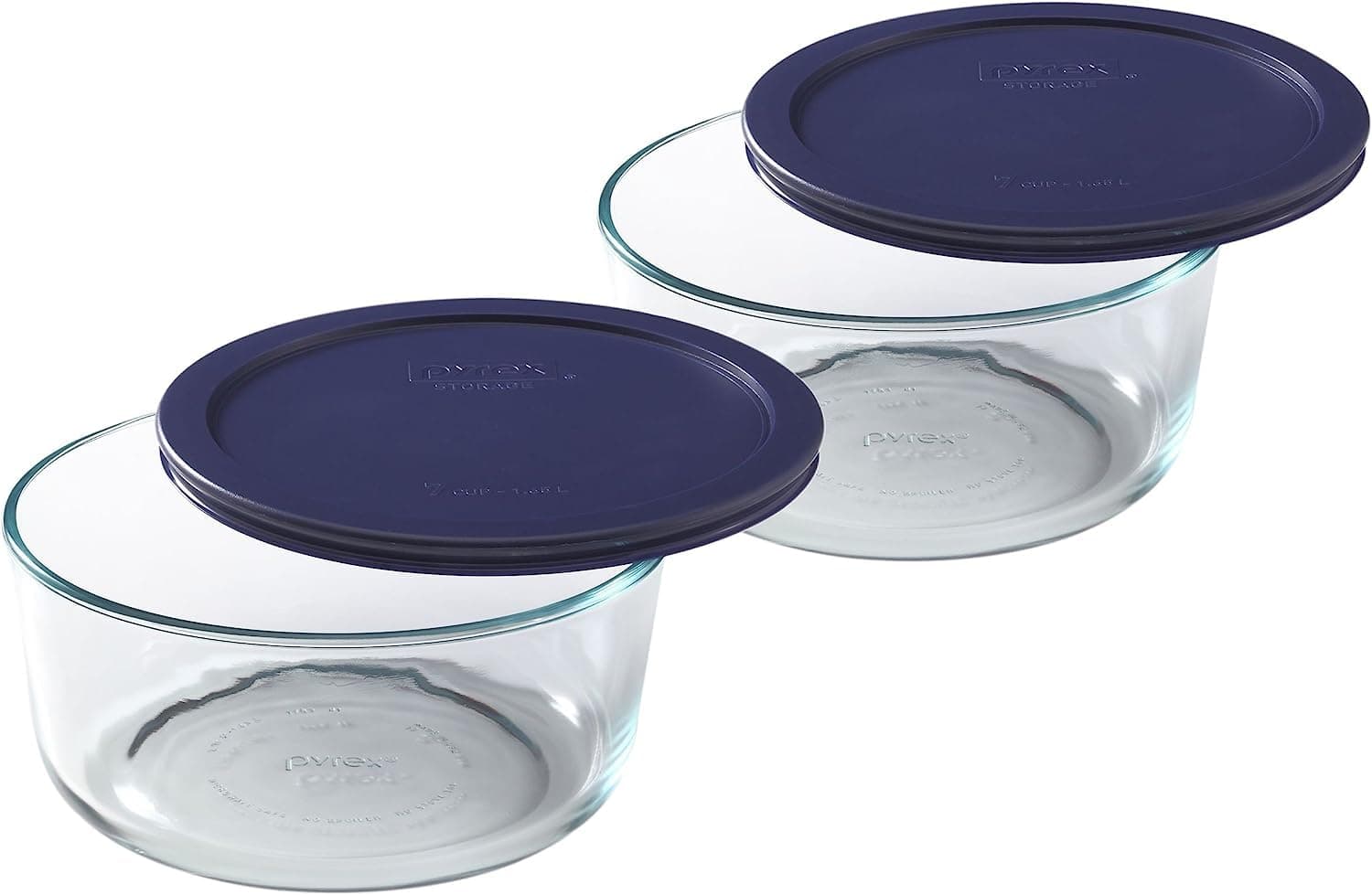 Storage Plus 7-Cup Round Glass Food Storage Dish, Blue Cover, Pack of 2 - Original Genuine Made in the USA