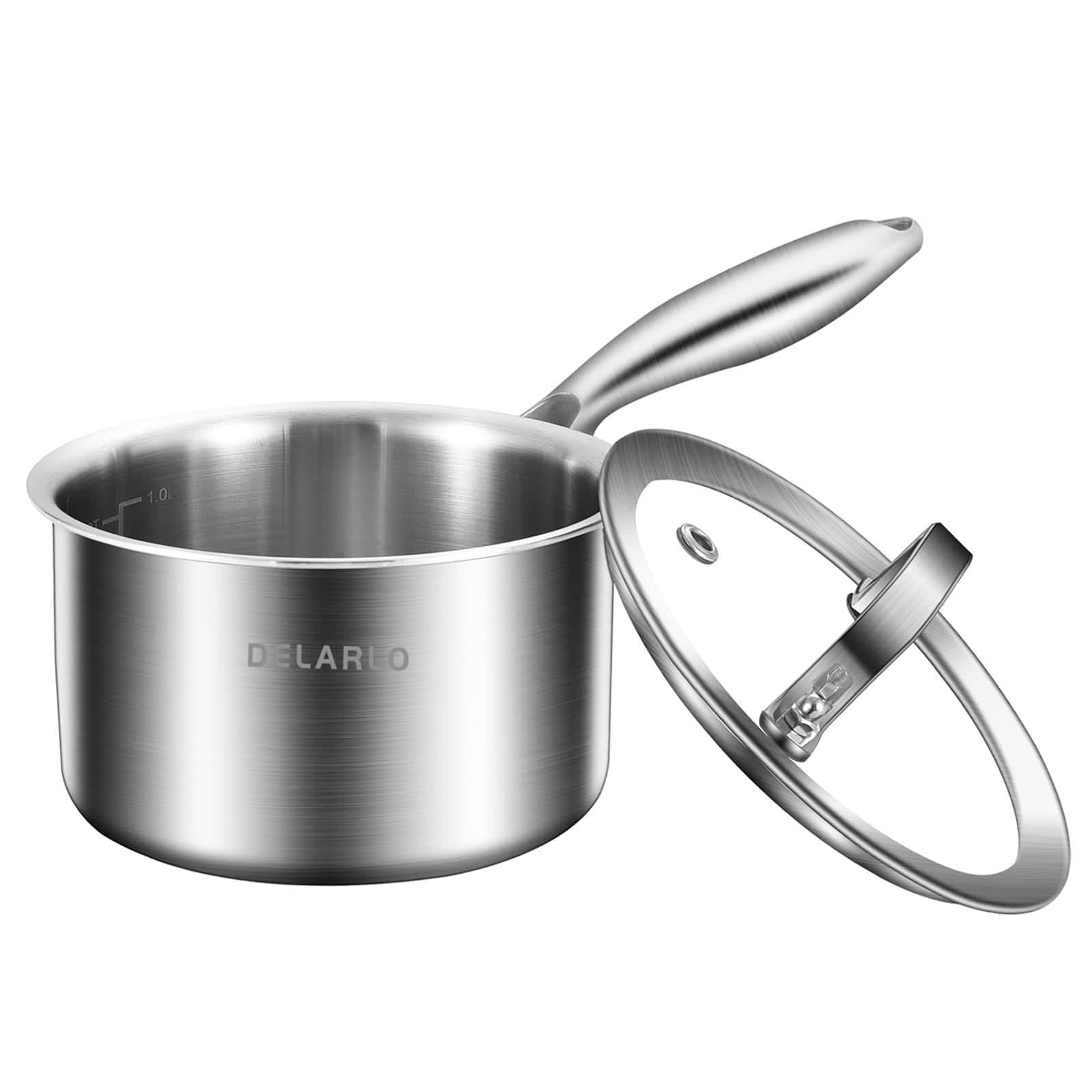 DELARLO Full Body Triple Layer Stainless Steel Small Induction Sauce Pan with Lid Heavy Bottom Milk Pan Dishwasher Safe Oven Safe (1 Quart)