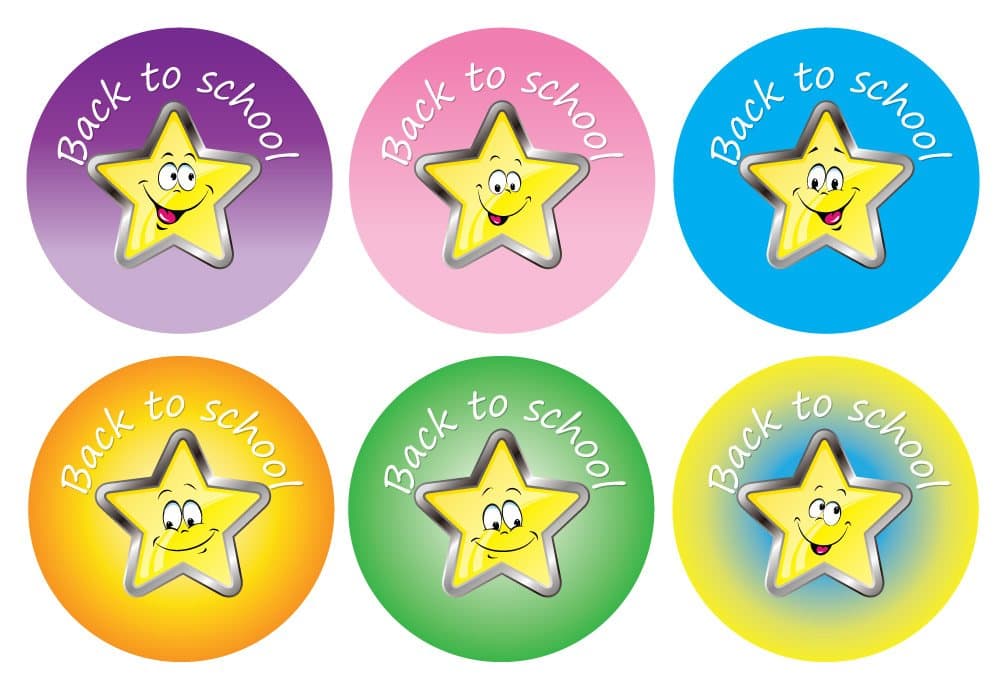 'Back to School' Stickers - 36 x 60mm, Happy, colourful star designs, great for small children