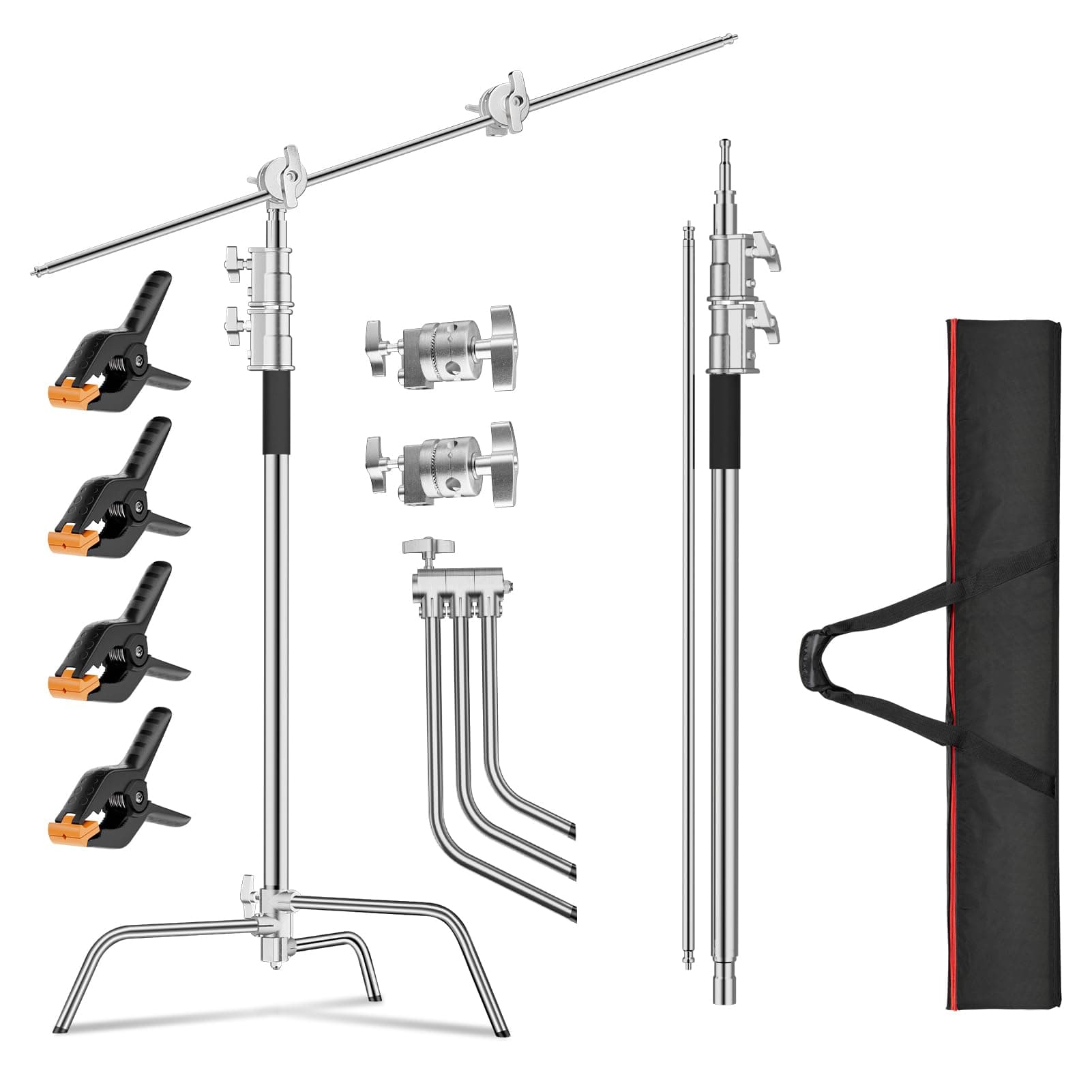 Heavy Duty C Stand 10ft/300cm Adjustable with 4.2ft/128cm Holding Boom Arm and 2 Pieces Grip Head for Photography Reflectors, Softboxes