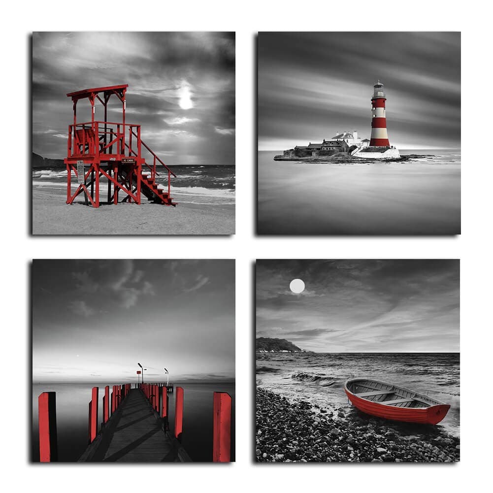 Black and White Beach Wall Art Seascape Red Lighthouse Boardwalk Boat Sunrise Scenery Wall Picture Canvas Prints 4 Panels Set for Bathroom Bedroom Hotel Coffee Bar Beach Wall Decor