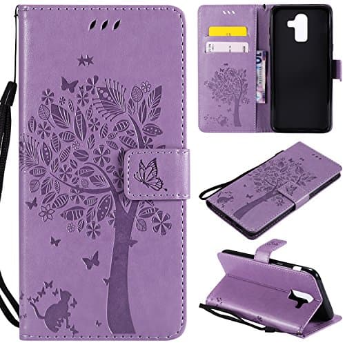 Galaxy J8 2018 J810 Case, Lacass Cat Tree Pattern PU Leather Flip Wallet Case Cover Kickstand with Card Slots and Wrist Strap for Samsung Galaxy J8 (2018) (Light Purple)
