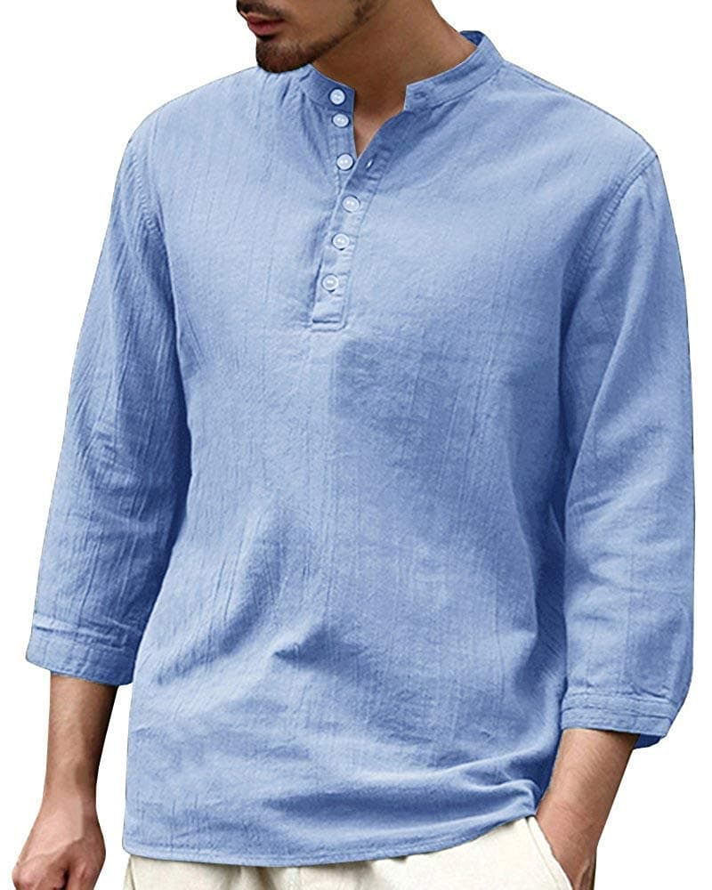 Mens 3/4 Sleeve Henley Shirts Banded Collar Linen Summer Beach V Neck Loose Fit Blouse T Shirt