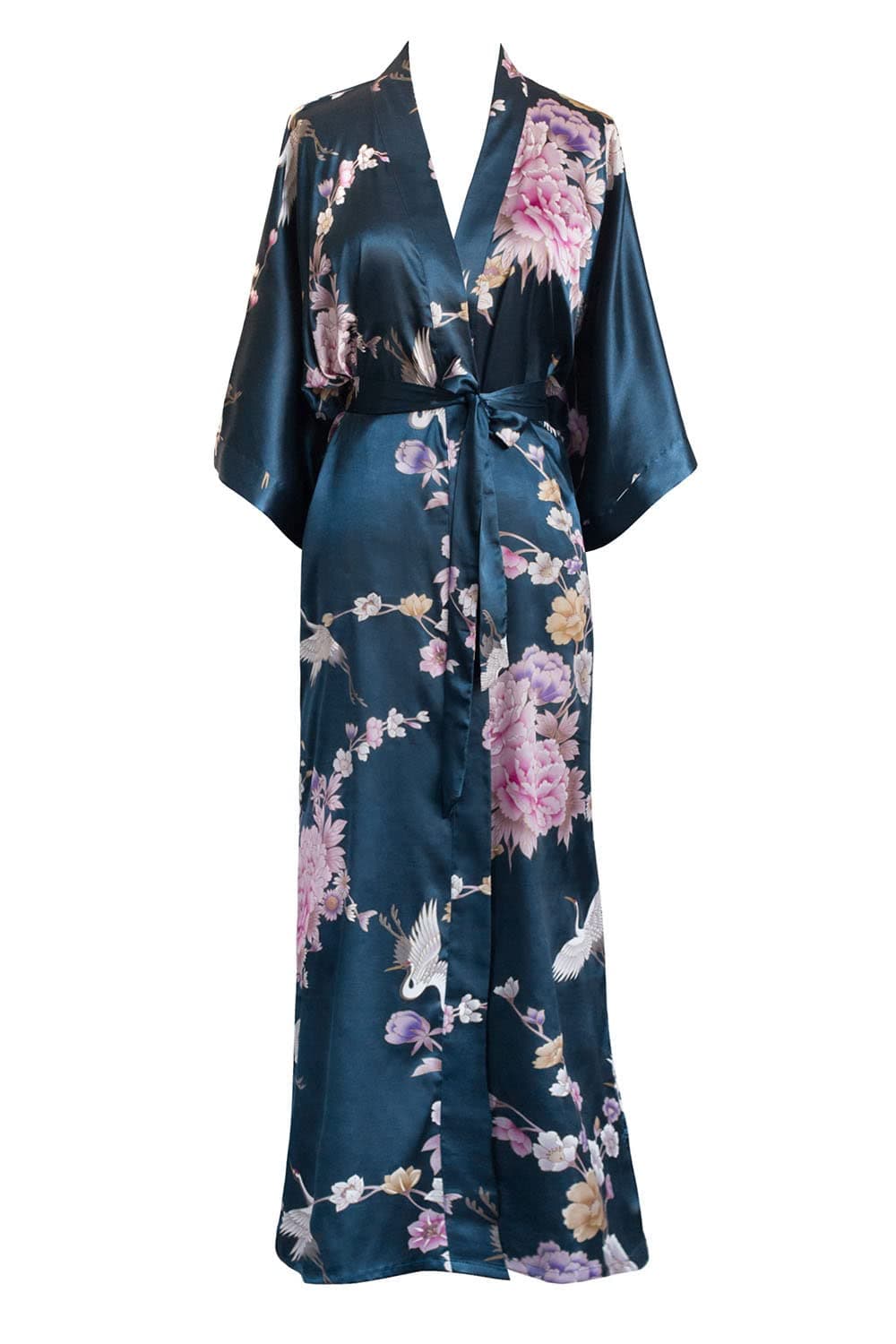 OLDSHANGHAI Luxury Kimono Robe for Women | Long Satin Floral Robe | Original Design | Removable Waist Tie Closure