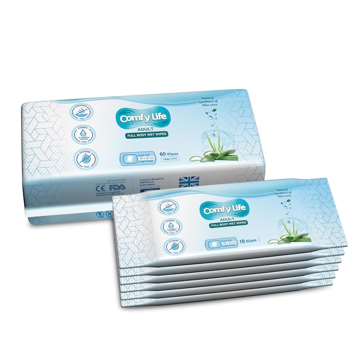 Comfy Life Premium Full Body Cleansing Wet Wipes For Adults - Large Luxury Fresh-feel Rinse-free Fragrance-free Bed Bath Incontinence Hygiene Intimate-care Soft Sheets (6 x Travel Pack (60 Wipes))