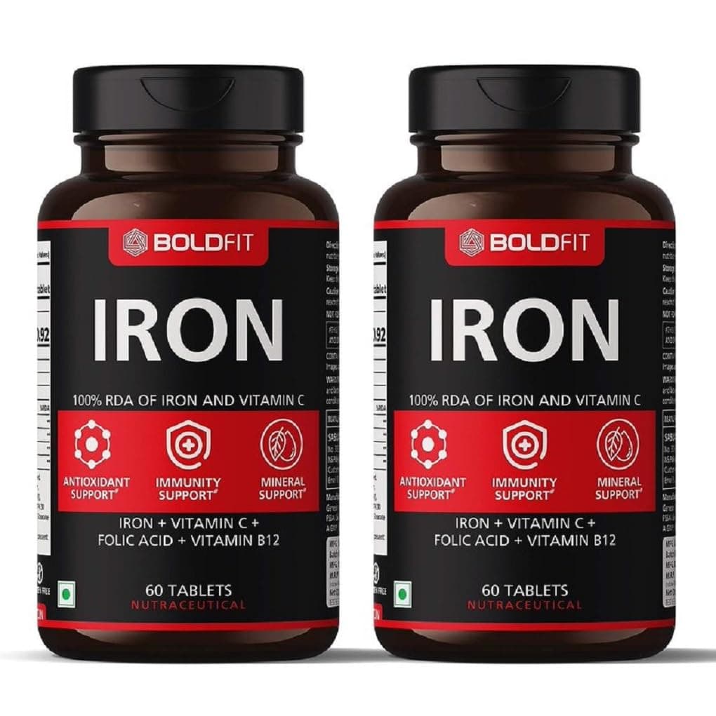 Boldfit Iron Supplement for Women & Men Iron Bisglycinate with Vitamin C Folic Acid & Vitamin B12 Gentle on Stomach,Non-Constipating Tablets - 120 Count