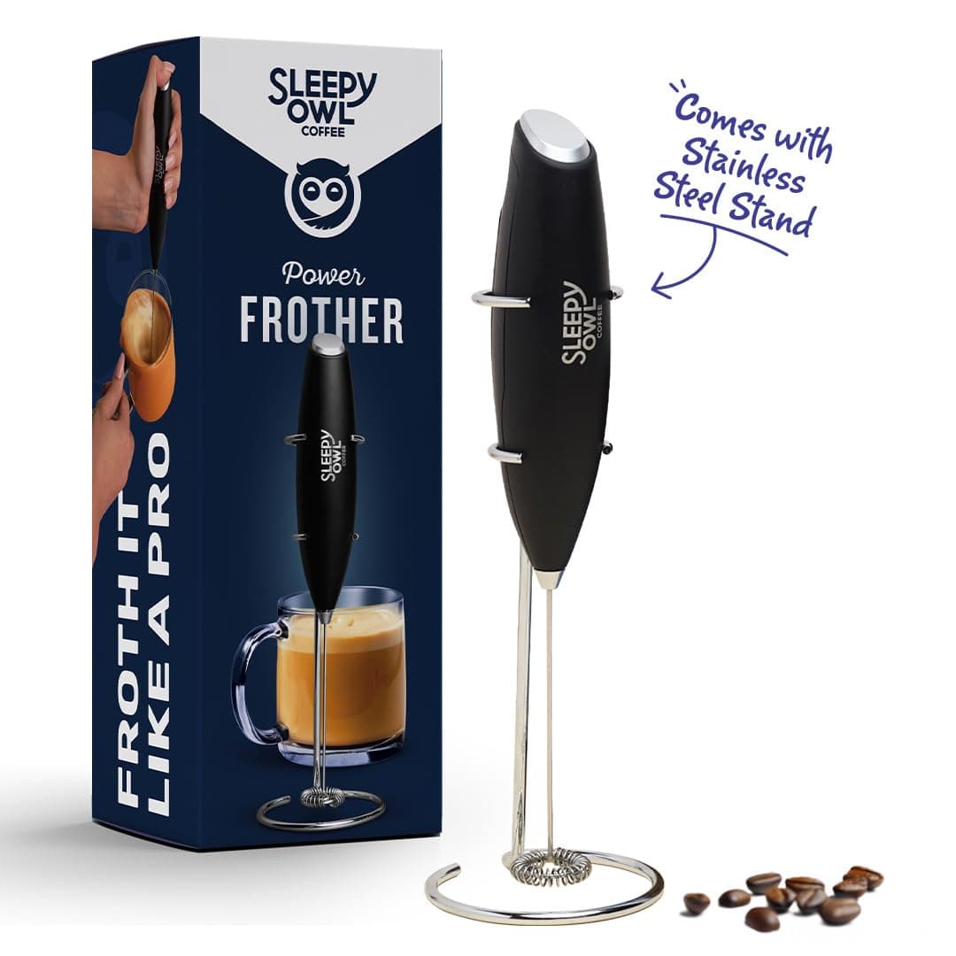 Sleepy Owl Powerful Milk Frother for Coffee | Black Color | Battery Operated Electric Frother | Stainless Steel Whisk with Frother Stand | Best for Coffee, Lattes, Milk, Hot Chocolates