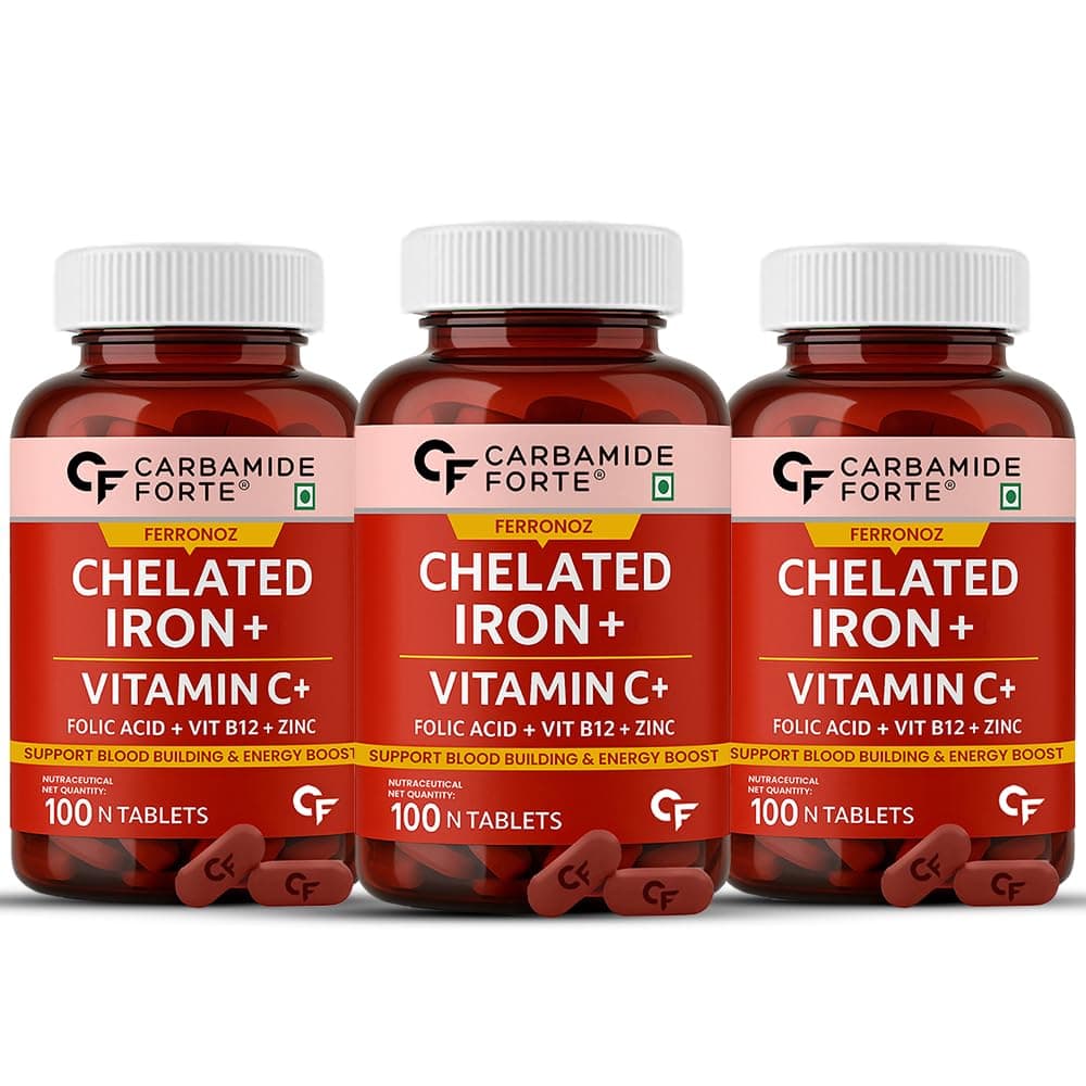 Chelated Iron + Vitamin C, B12, Folic Acid & Zinc - 100 Veg Iron Tablets (Pack of 3)