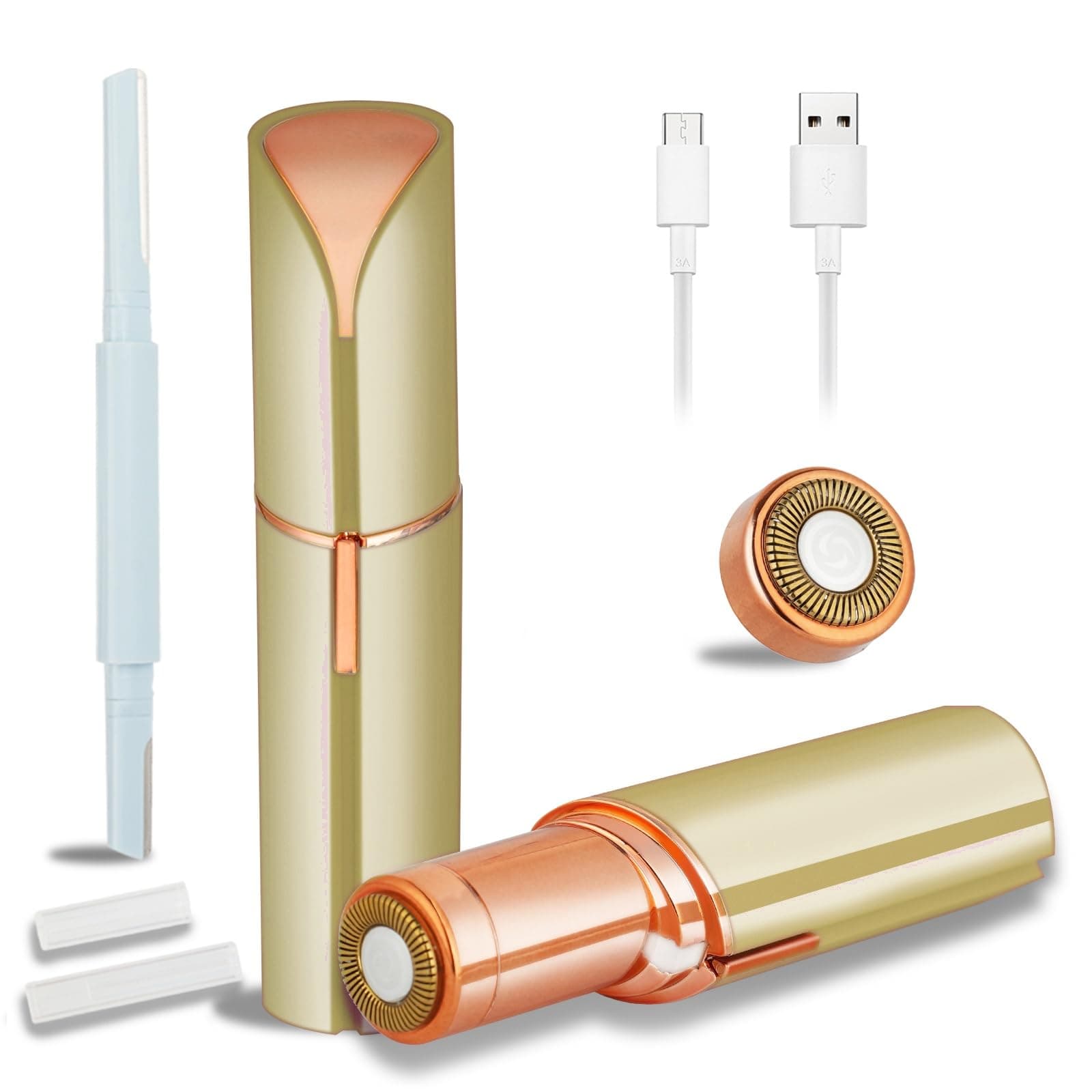 Yunmiss Facial Hair Removal for Women Men,Electric Painless Hair Removal Device Included 2 x Replacement Heads,USB Rechargeable Lady Womens Face Shaver for Lip,Chin,Arms Easy to Carry (Gold)