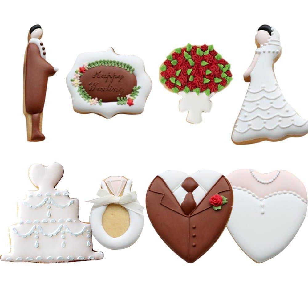 Wedding Cookie Cutter Set - Set of 7 - Bridegroom, Bride, Bouquet Flower, Diamond Ring, Plaque Frame, Wedding Cake, and Heart - in Durable Stainless Steel