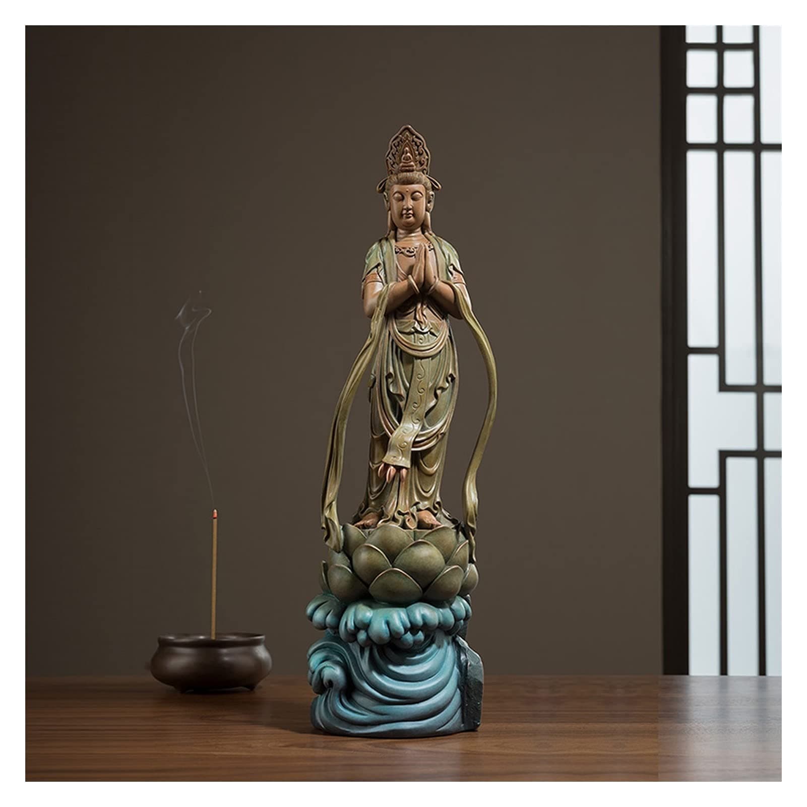SHIJIE1701AA Feng Shui Statues Bronze Guan Yin Statue Figurine Standing on Lotus Ornament Hand Sculpture of Kuan Yin Goddess of Mercy Guanyin Buddhist Decoration Gift CAI Shen Wealth Decor