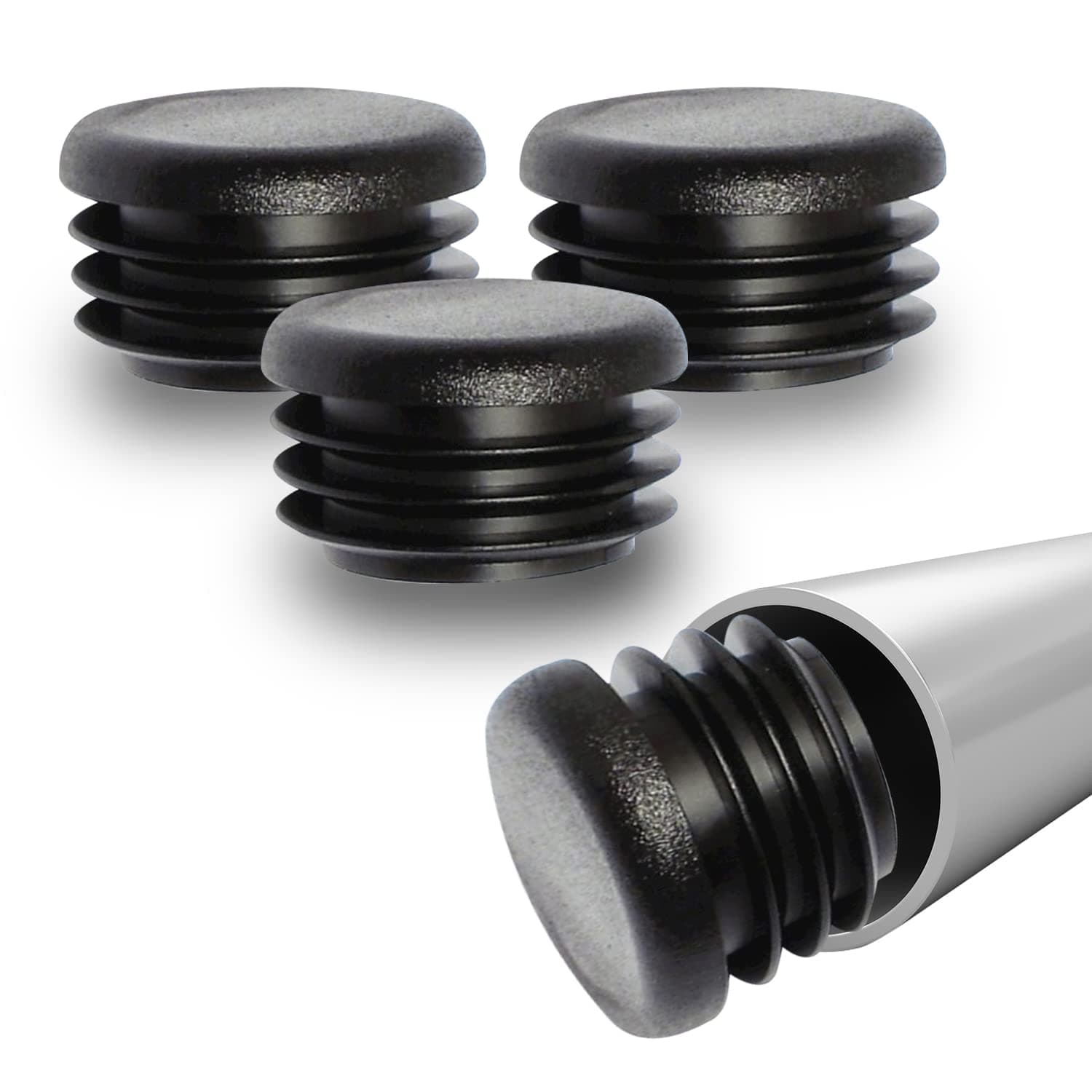 1 1/2” (38.1mm) Outer Diameter Ribbed Plastic Hole Plugs, Round Black Metal Tubing End Caps, Strong Furniture Leg Inserts, Impact & Weather Resistant, Made in The USA - 4 Pack