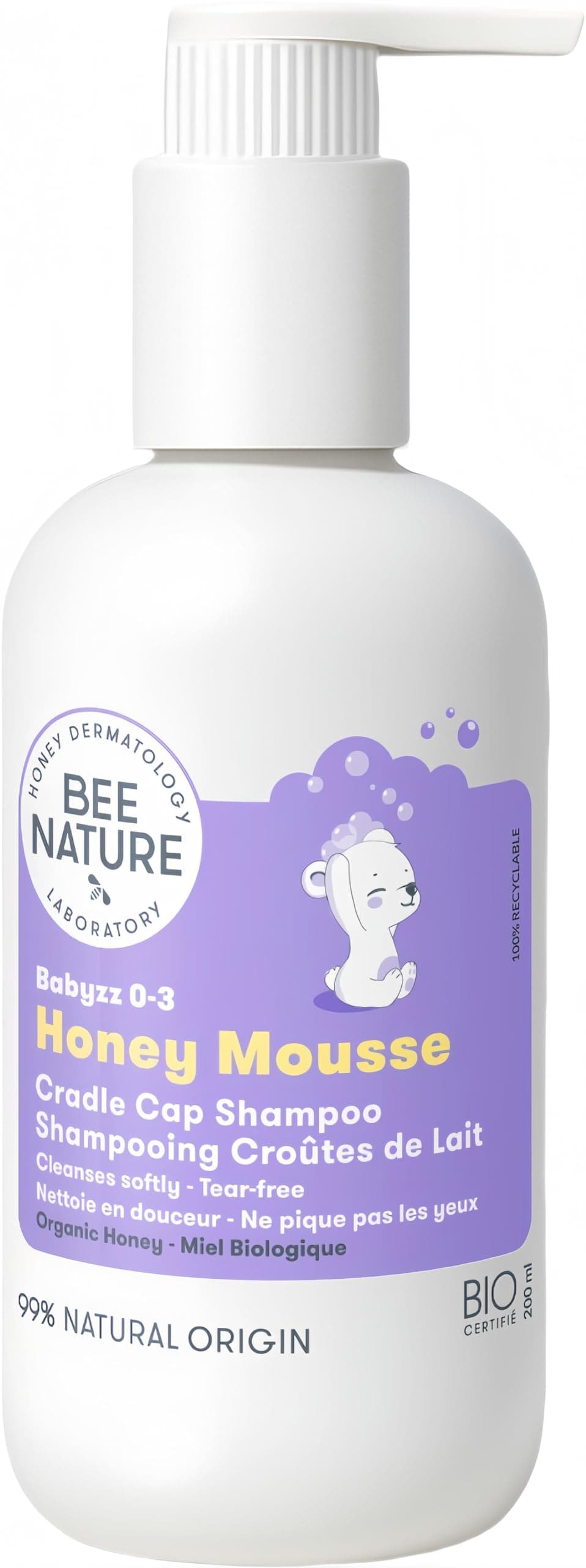 Bee Nature - Organic Baby Shampoo - Cradle Cap Treatment - Tear-Free - 99.3% Natural - Honey Mousse - Suitable for Newborns Toddlers Kids with Dry, Sensitive, Prone-Eczema, Itchy Scalp - 200ml