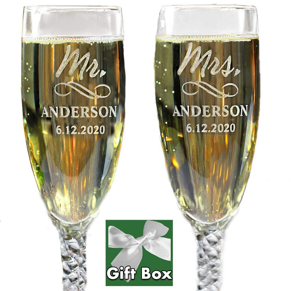 Personalized Mr and Mrs Wedding Toasting Champagne Flutes, Set of 2, Engraved Customized Glasses for Bride and Groom, Gift Box Included
