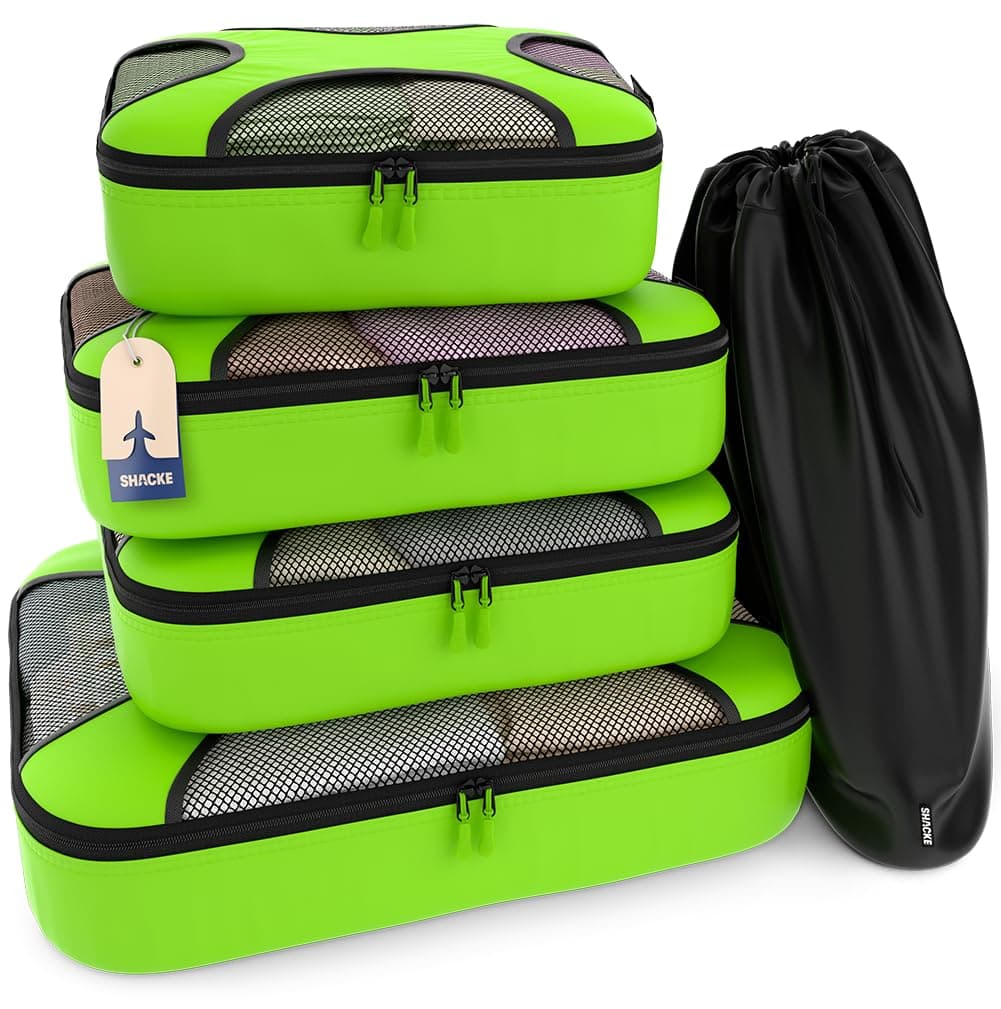 Shacke Pak - 4 Set Packing Cubes - Travel Organizers with Laundry Bag (Green Grass)