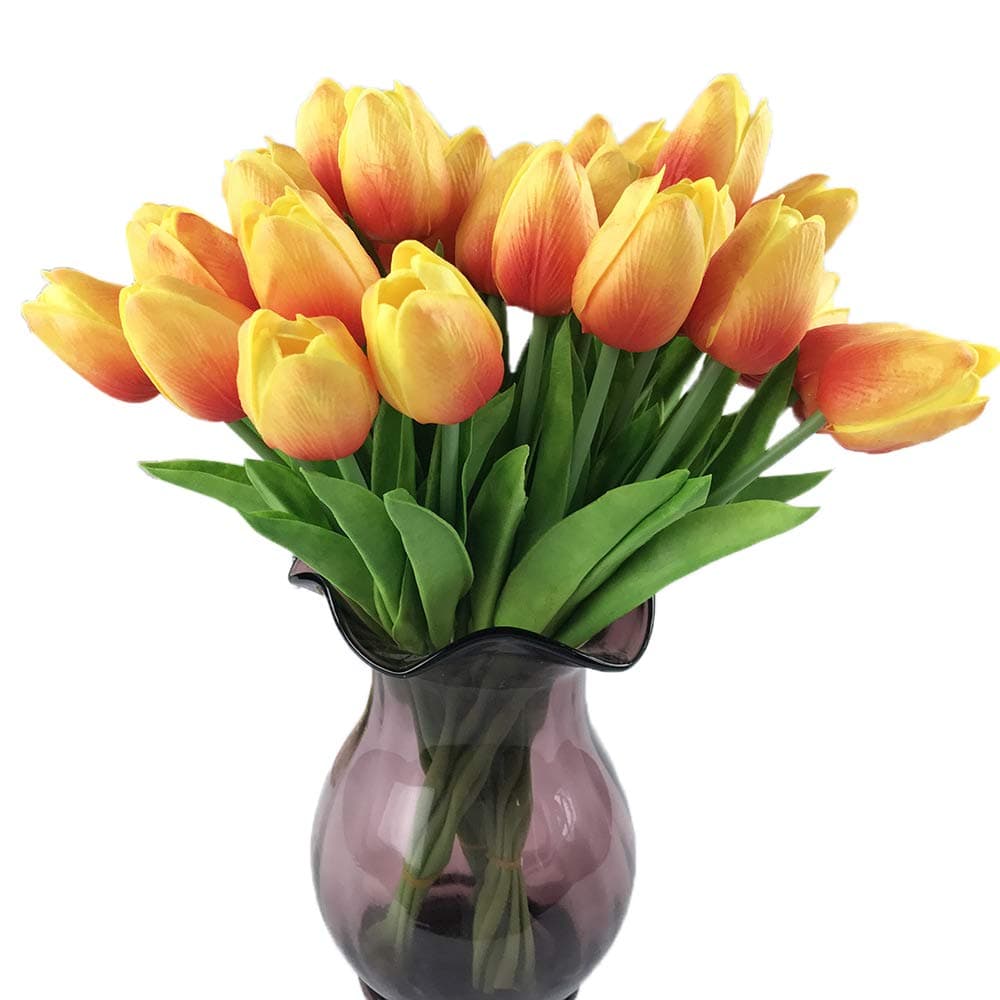 12PCS/Set PU Stunning Holland Tulip Flower Real Touch Artificial Silk Flowers Arrangement Bouquet Home Room Office Wedding Party Decor (Orange)