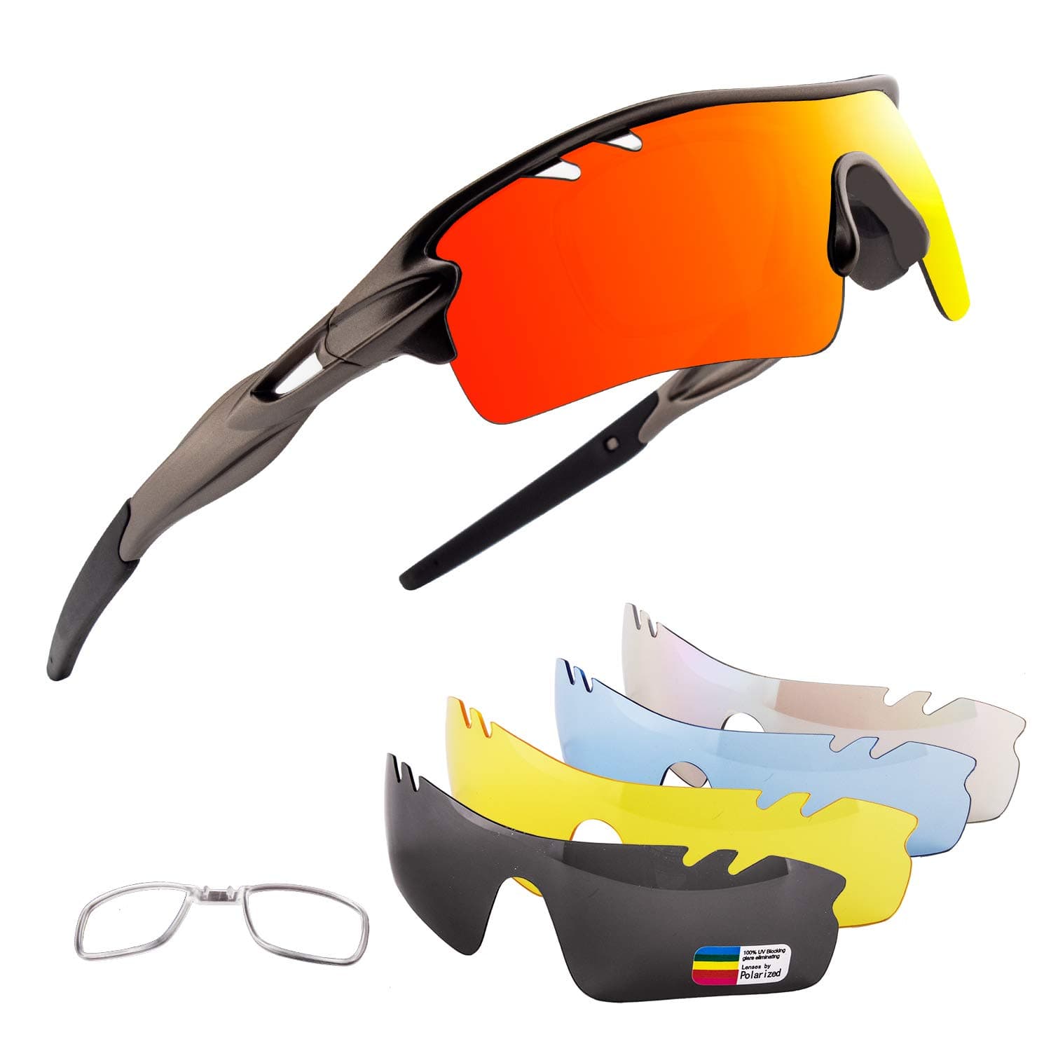 Men Polarized Sports Sunglasses with 5 Interchangeable Lenes Cycling Glasses for Women Running Driving Fishing Golf Baseball XQ515 (Gun Gray/Black)