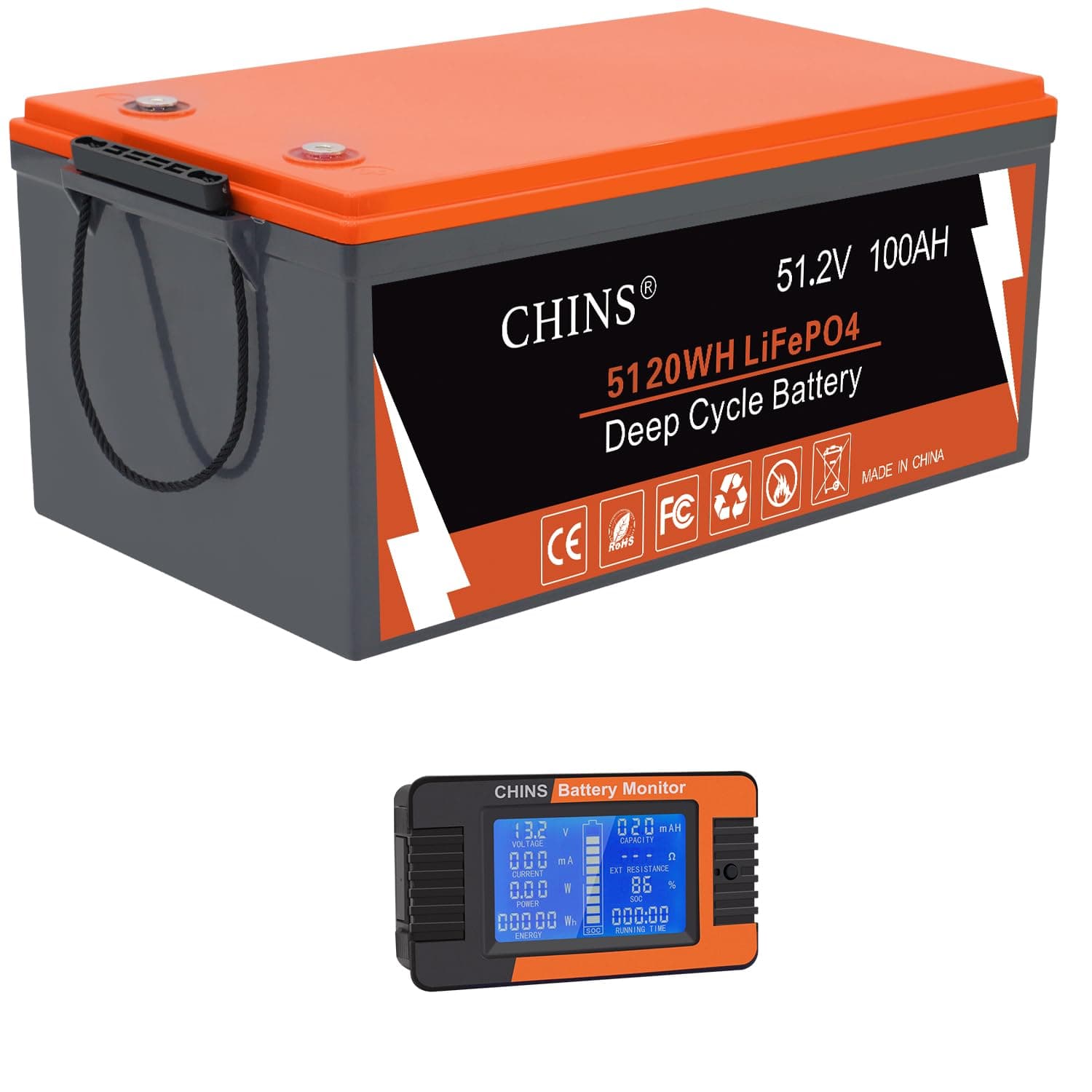 CHINS 48V 100Ah Lithium Golf Cart Battery, Includes Monitor, Built-in Bluetooth 200A BMS, 4000+ Cycles, 48V Lithium Battery Perfect for Golf Cart