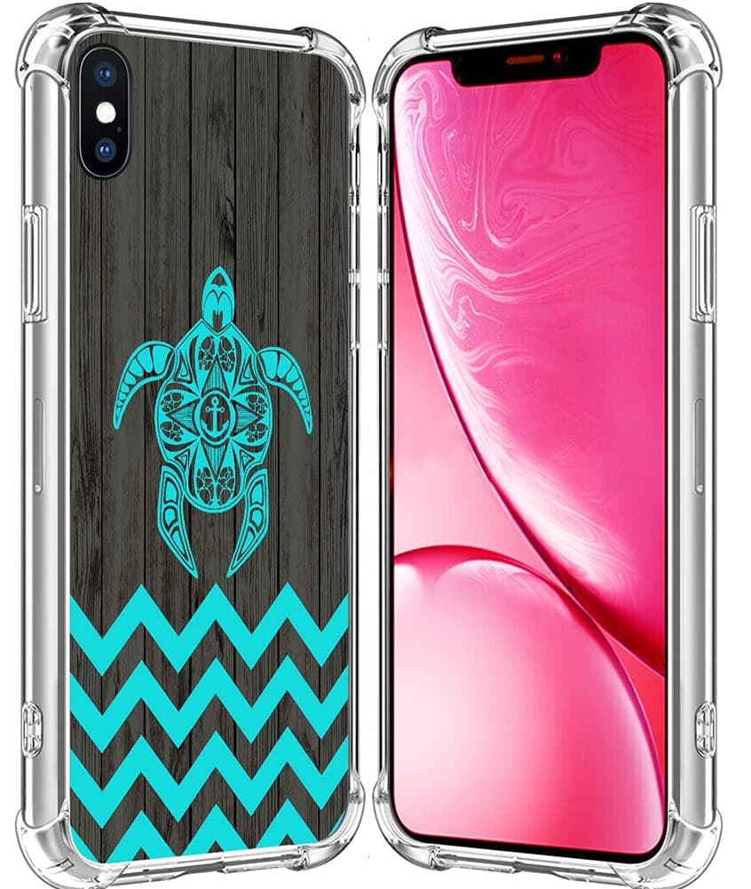 XS Case Turtle Design/IWONE Protector Cover Skin Protective TPU Rubber Clear Compatible with iPhone Xs[10S] / X[10] + Chevron Animal Blue