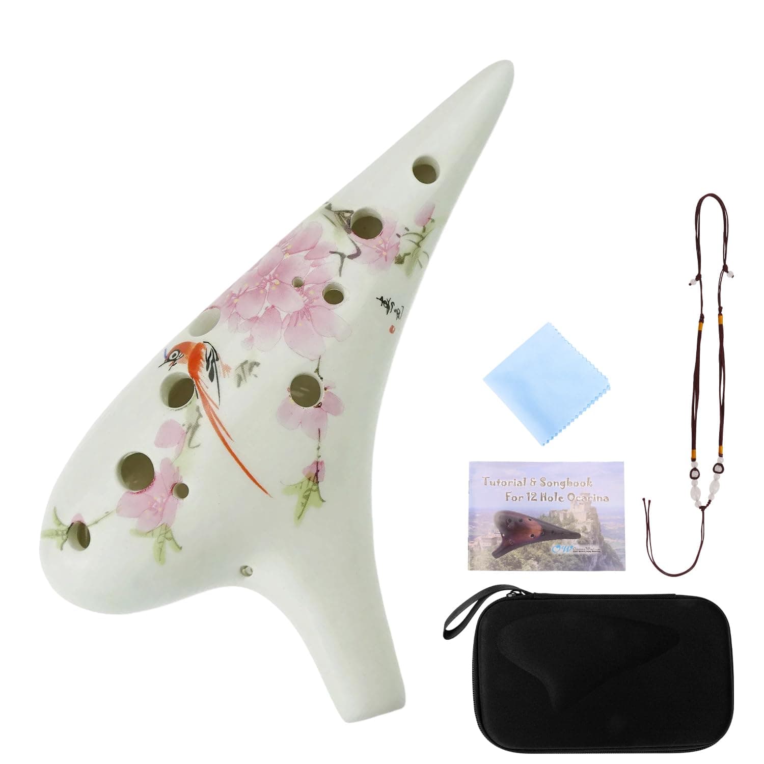12 Hole Ceramic Tenor C Ocarina – Bird Loves Flower | Handcrafted Collectible