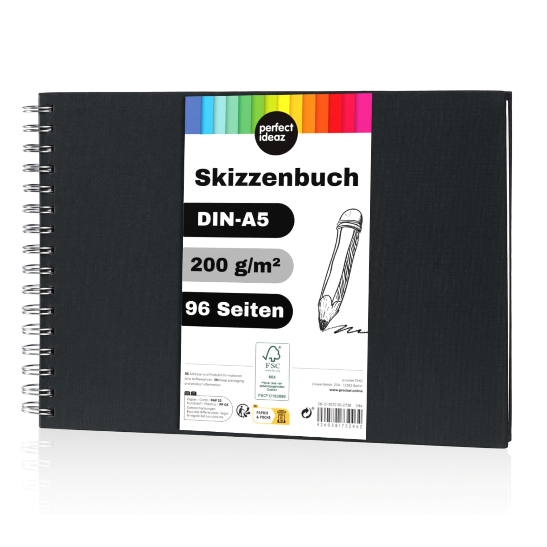 perfect ideaz DIN-A5 Sketch Book 96 Pages (48 Sheets), Professional Drawing Block, Black hardcover, Spiral Binding Book with White Blank Paper, 200 g, Blank Sketch & Black Book for DrawingThe Forest Stewardship Council